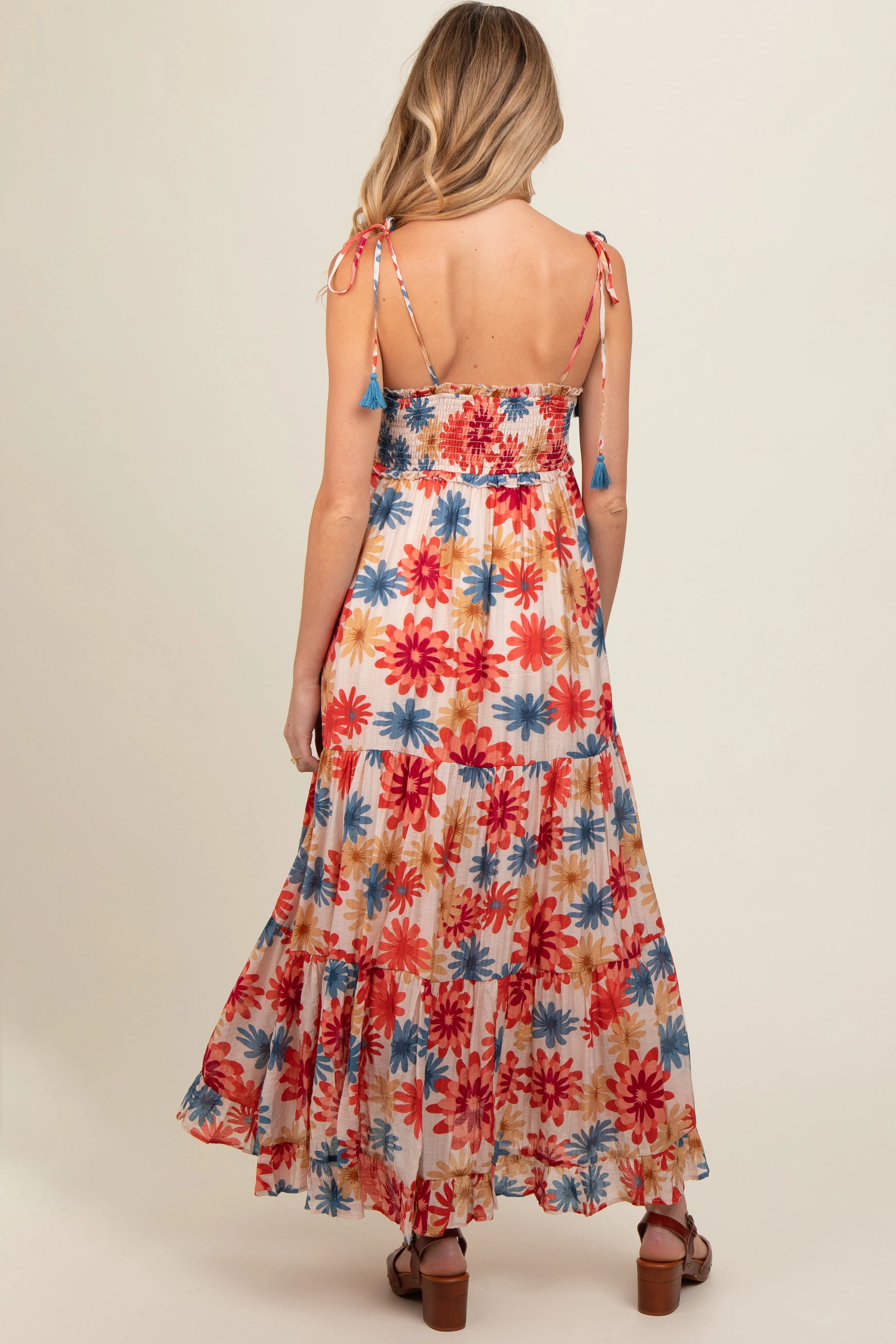 Coral Floral Smocked Shoulder Tie Maternity Maxi Dress sold by Pinkblush product image thumbnail 4