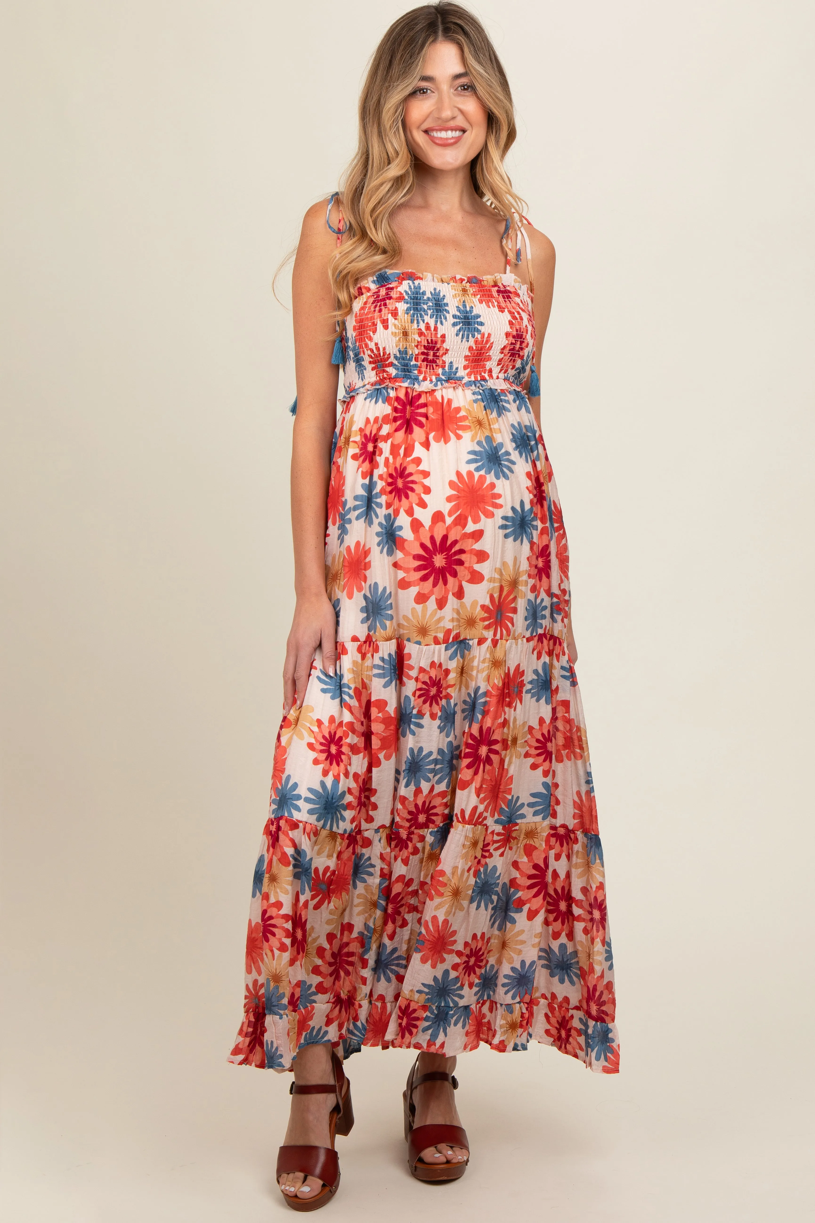 Coral Floral Smocked Shoulder Tie Maternity Maxi Dress sold by Pinkblush