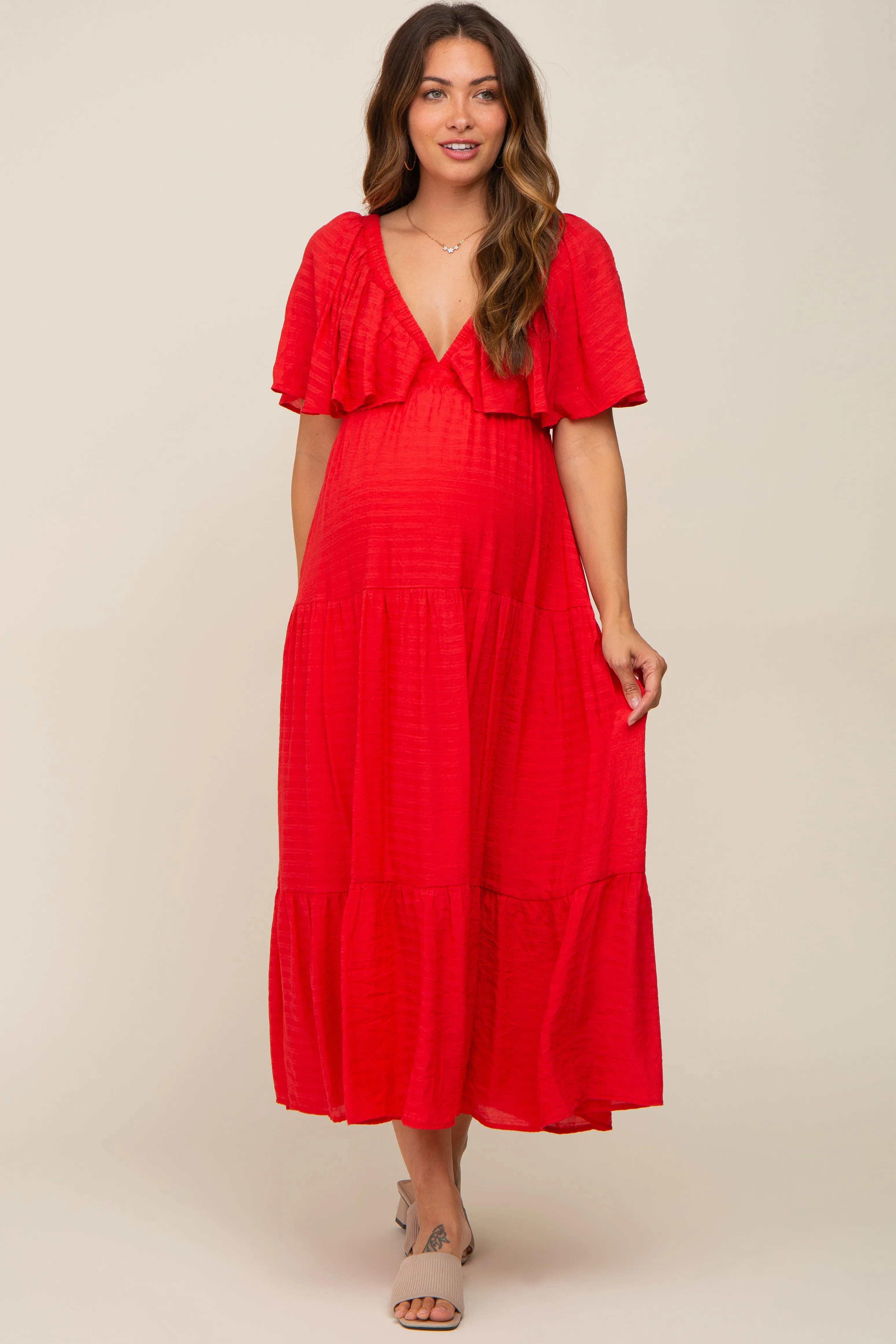 Red Textured Stripe Deep V-Neck Layered Sleeve Maternity Maxi Dress sold by Pinkblush product image thumbnail 4