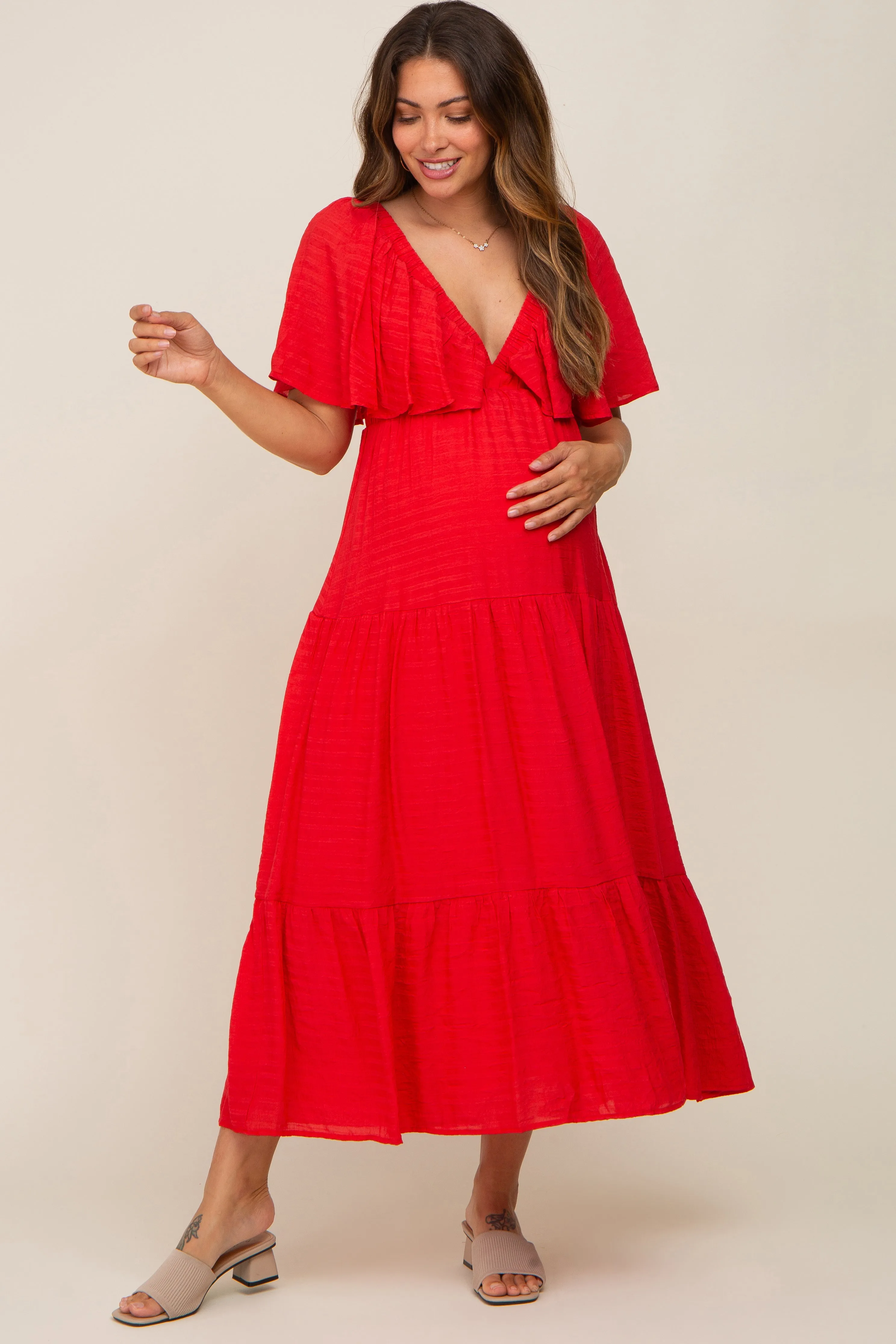 Red Textured Stripe Deep V-Neck Layered Sleeve Maternity Maxi Dress sold by Pinkblush