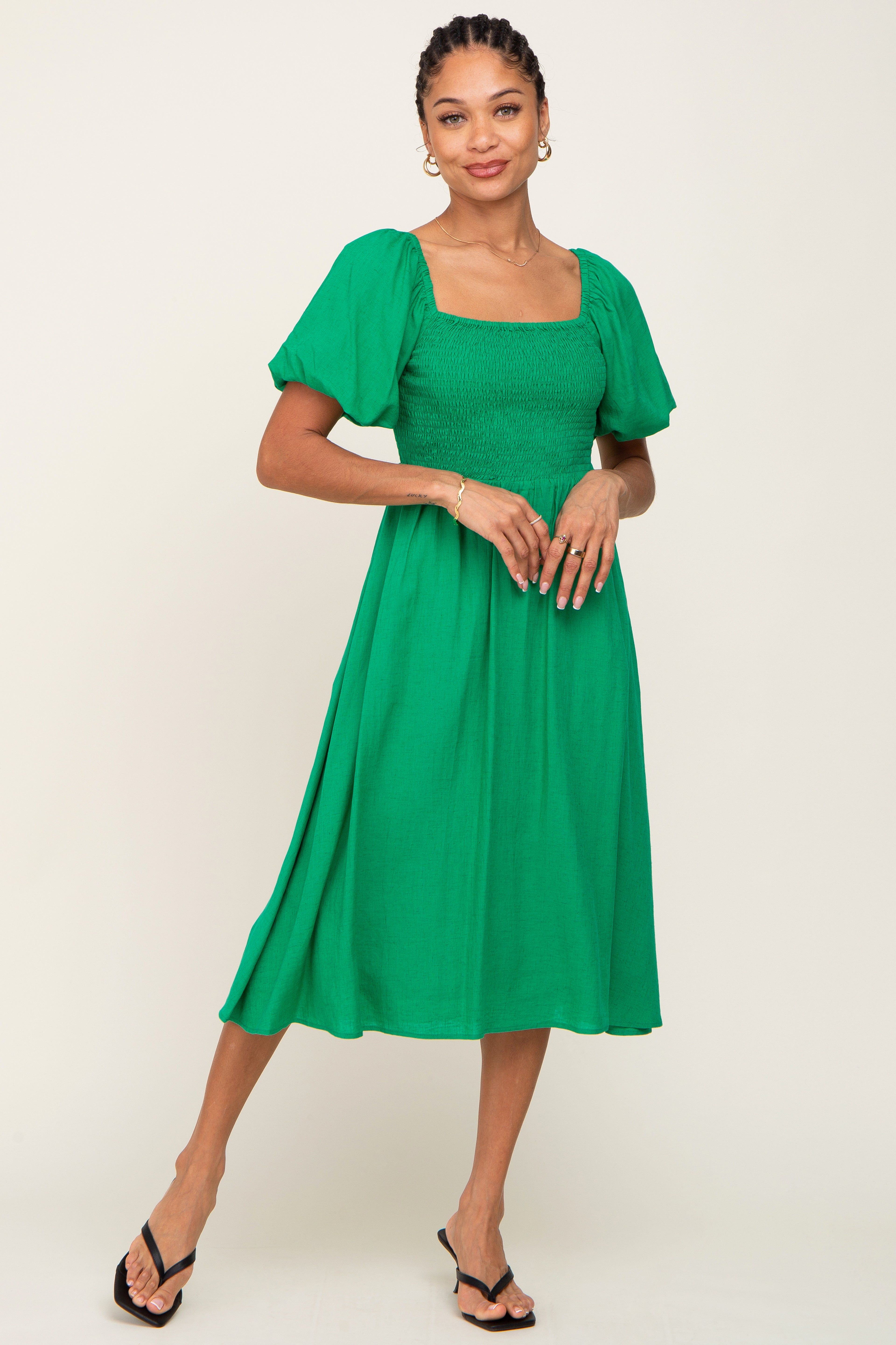 Green Smocked Puff Sleeve Midi Dress sold by Pinkblush product image thumbnail 4