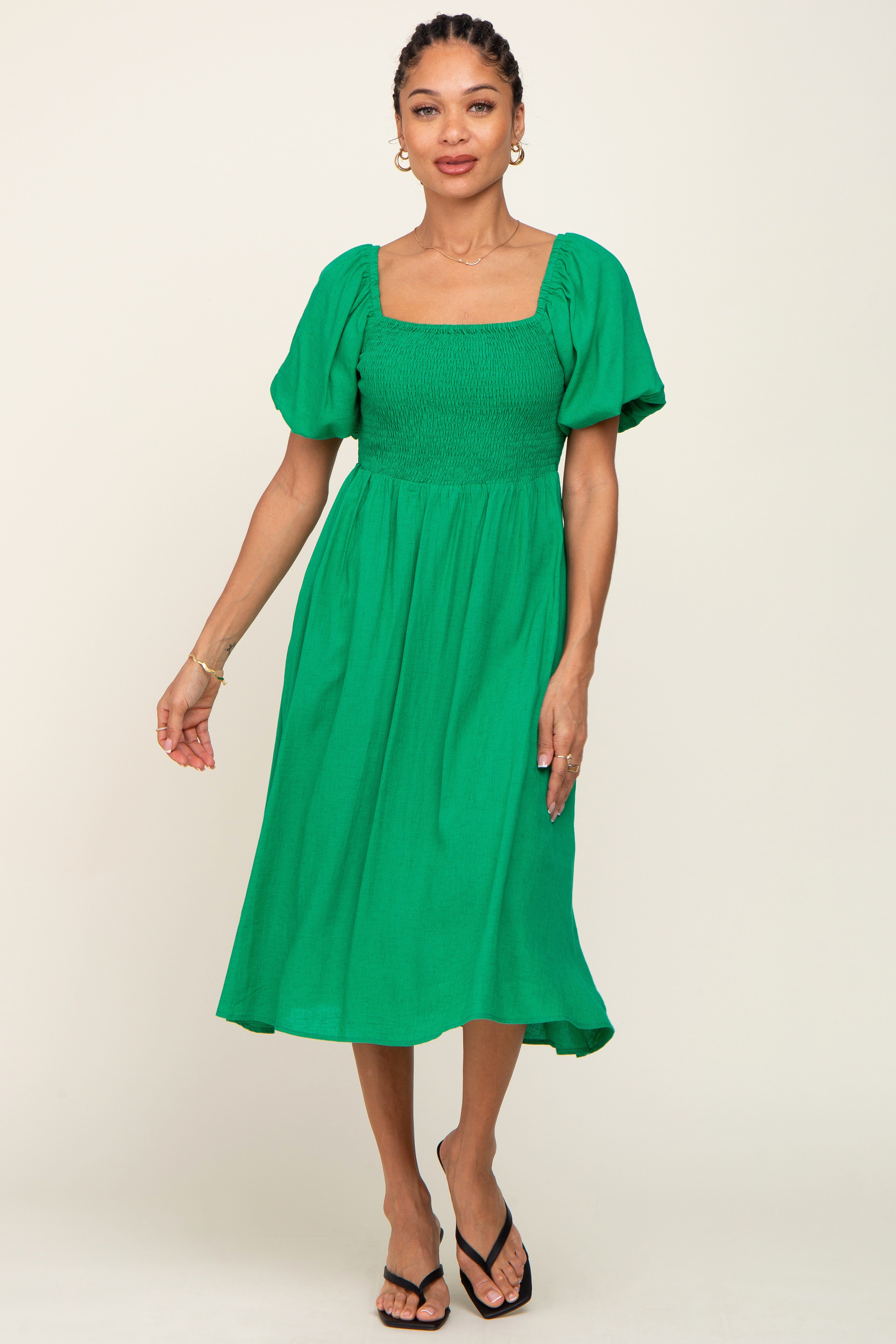 Green Smocked Puff Sleeve Midi Dress sold by Pinkblush
