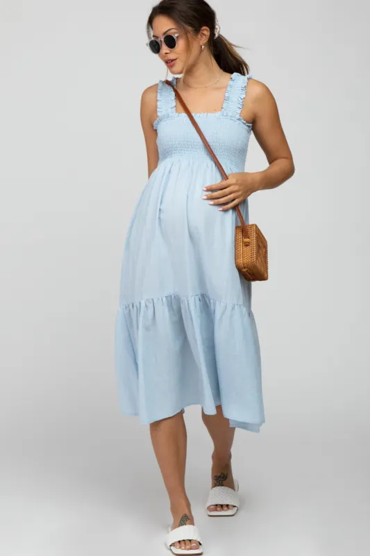 Light Blue Square Neck Smocked Maternity Midi Dress sold by Pinkblush