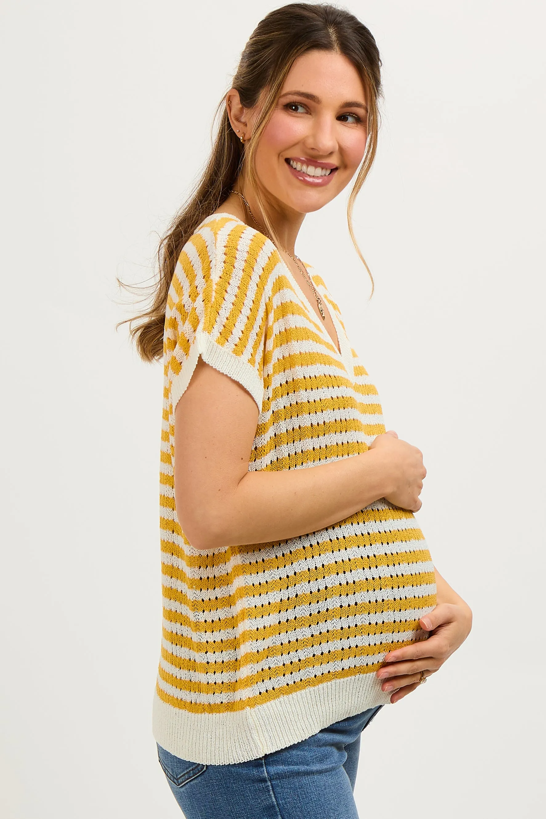 Mustard Striped Knit V-Neck Short Sleeve Maternity Top sold by Pinkblush product image thumbnail 3