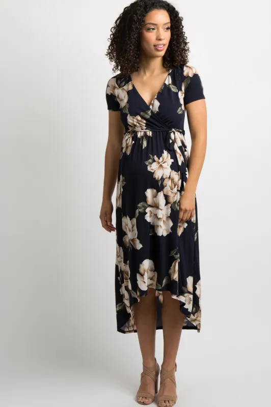 PinkBlush Navy Blue Floral Hi-Low Maternity Wrap Dress sold by Pinkblush