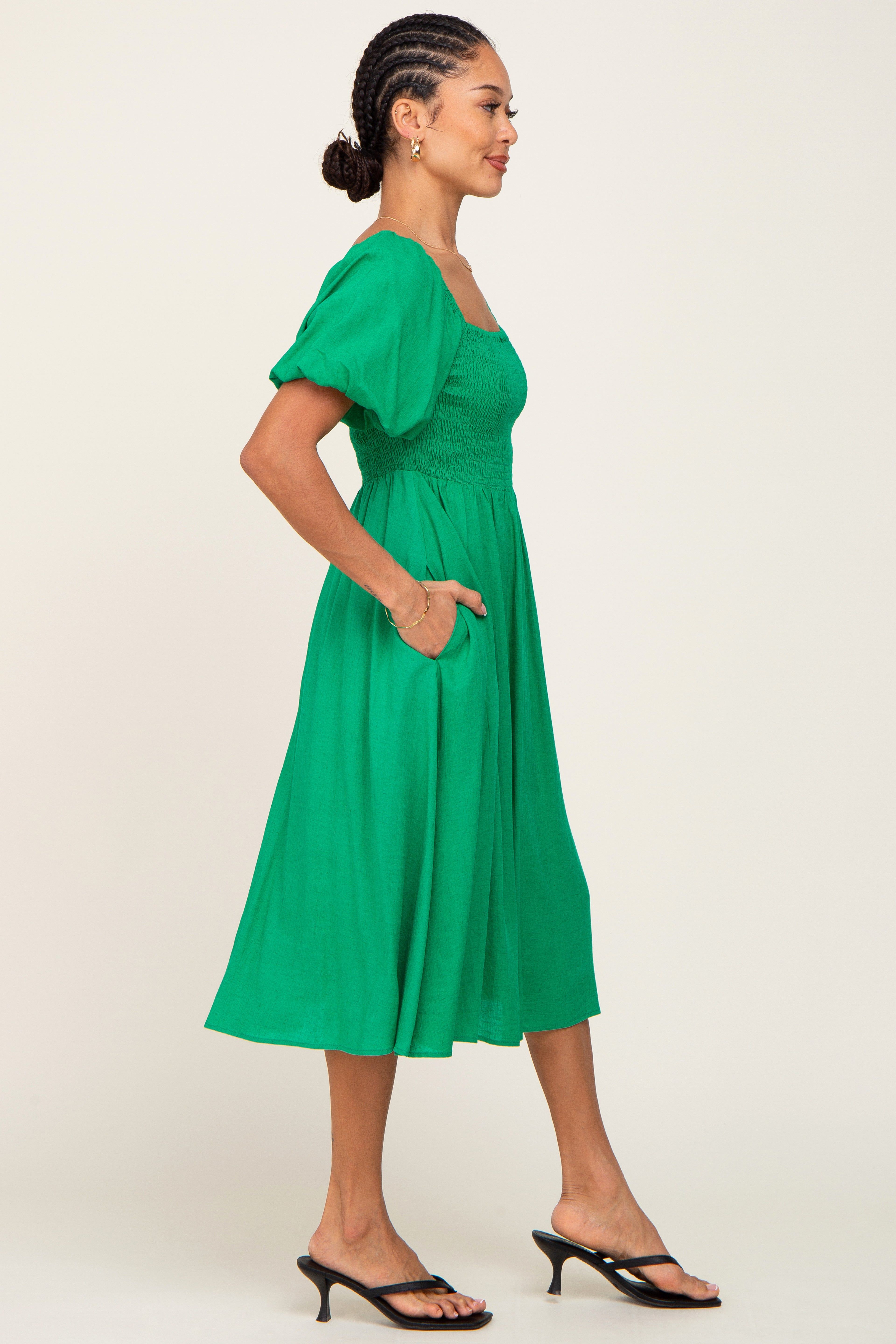 Green Smocked Puff Sleeve Midi Dress sold by Pinkblush product image thumbnail 2