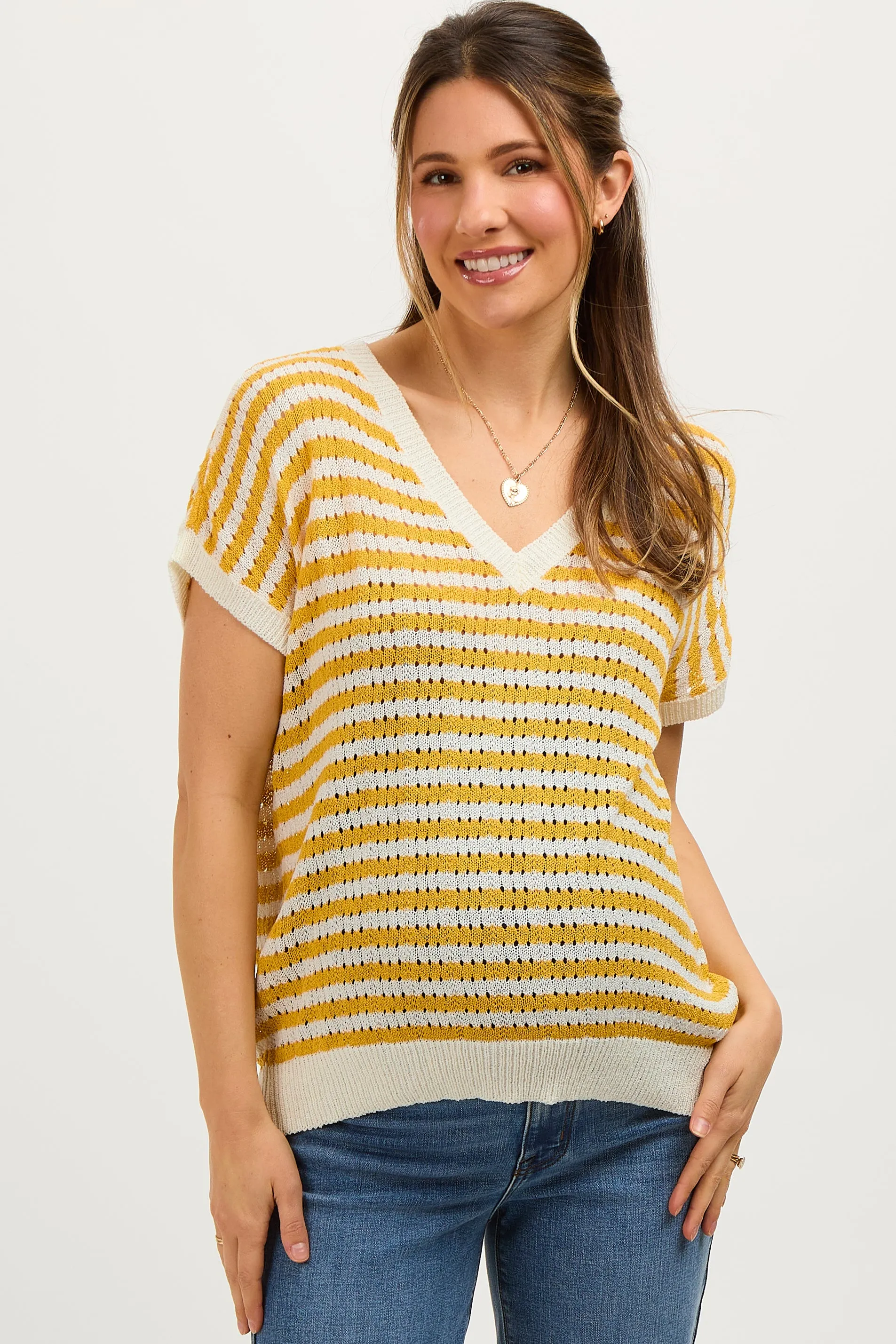 Mustard Striped Knit V-Neck Short Sleeve Maternity Top sold by Pinkblush
