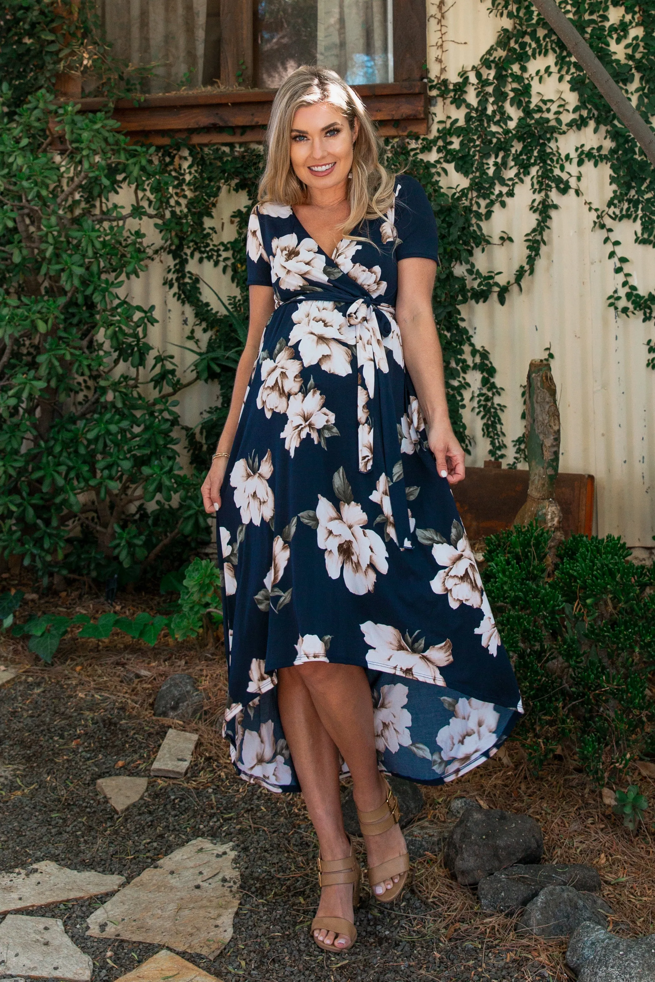 PinkBlush Navy Blue Floral Hi-Low Maternity Wrap Dress sold by Pinkblush product image thumbnail 5