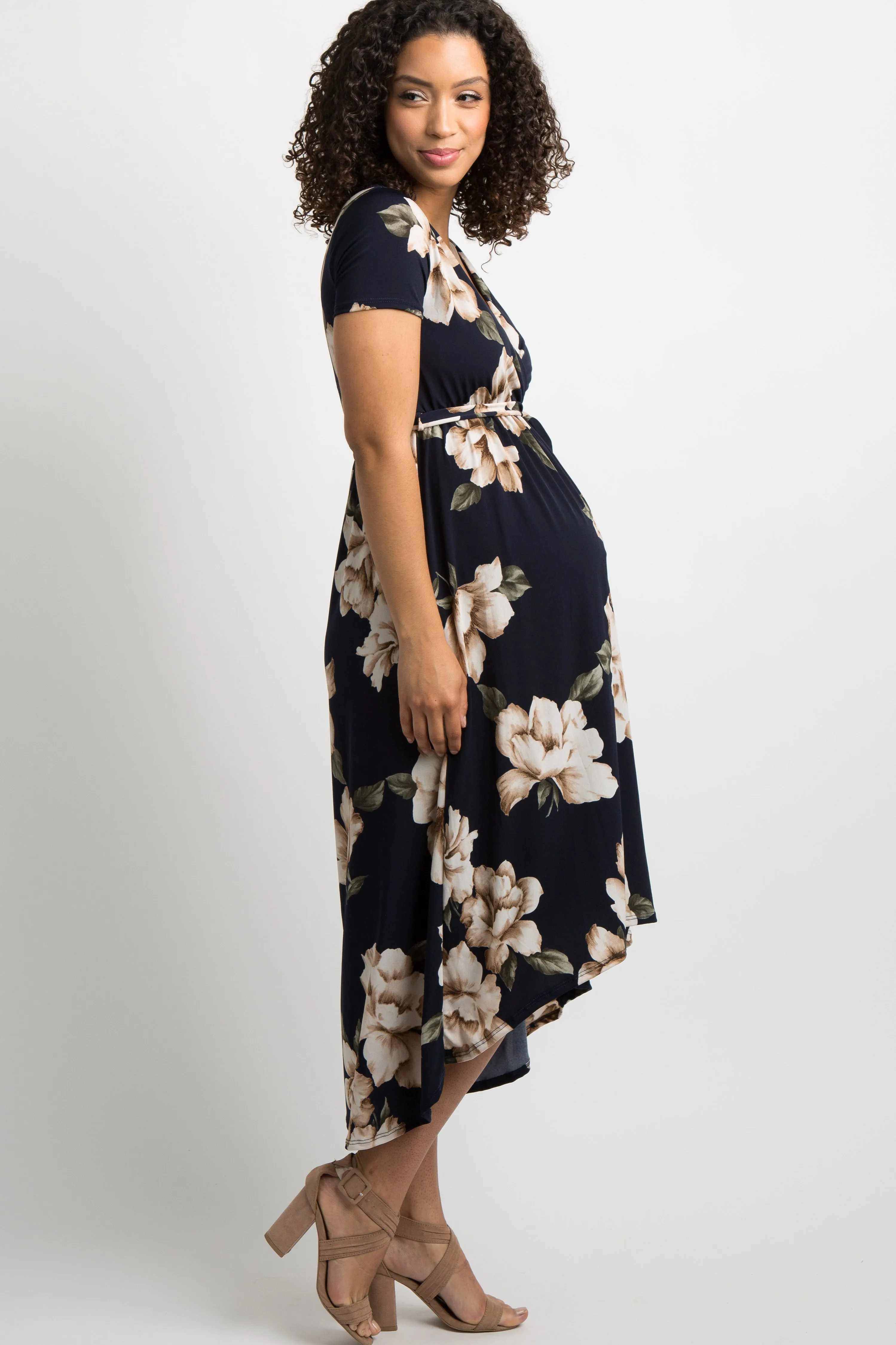 PinkBlush Navy Blue Floral Hi-Low Maternity Wrap Dress sold by Pinkblush product image thumbnail 2