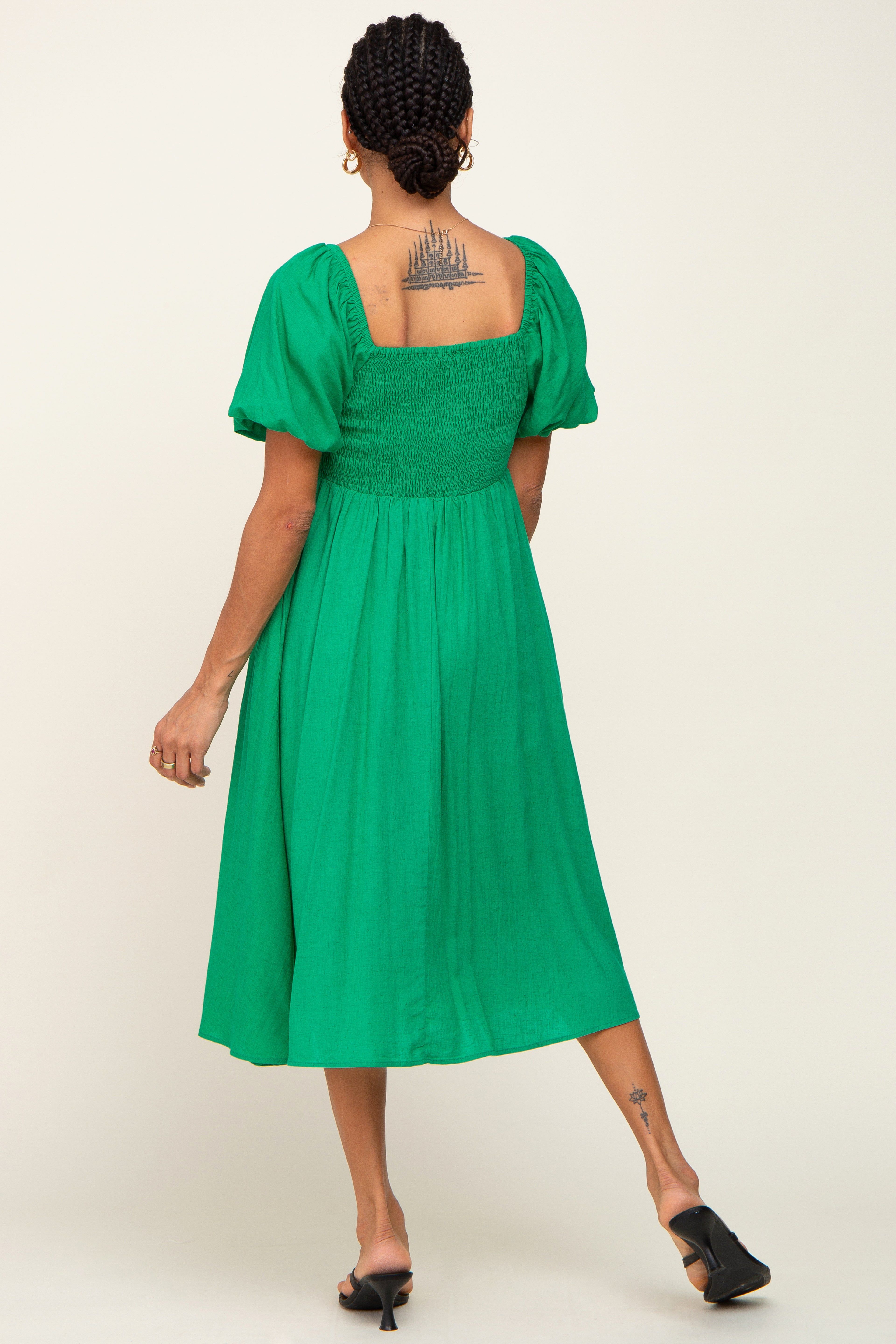Green Smocked Puff Sleeve Midi Dress sold by Pinkblush product image thumbnail 3