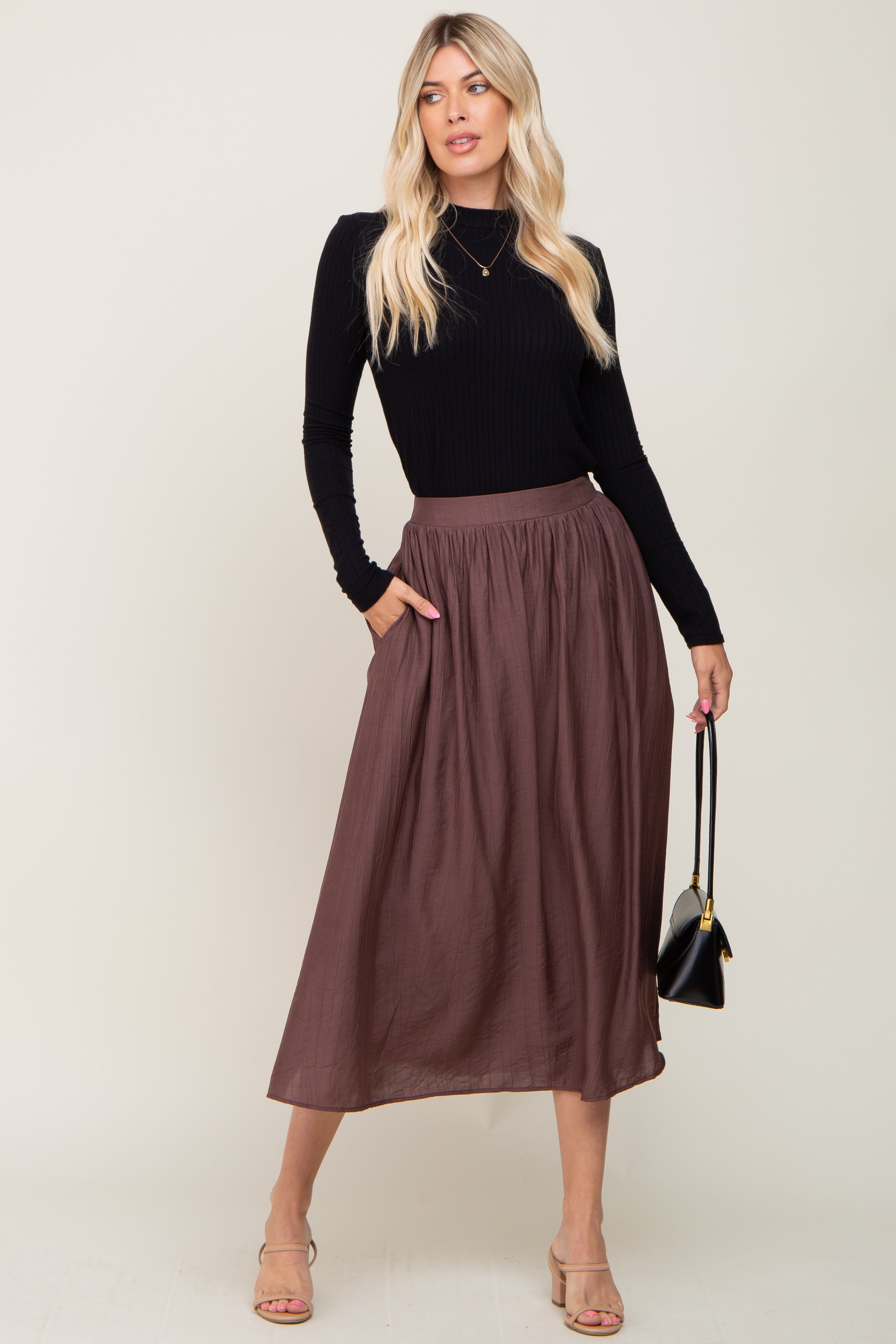Brown Gathered Midi Skirt sold by Pinkblush