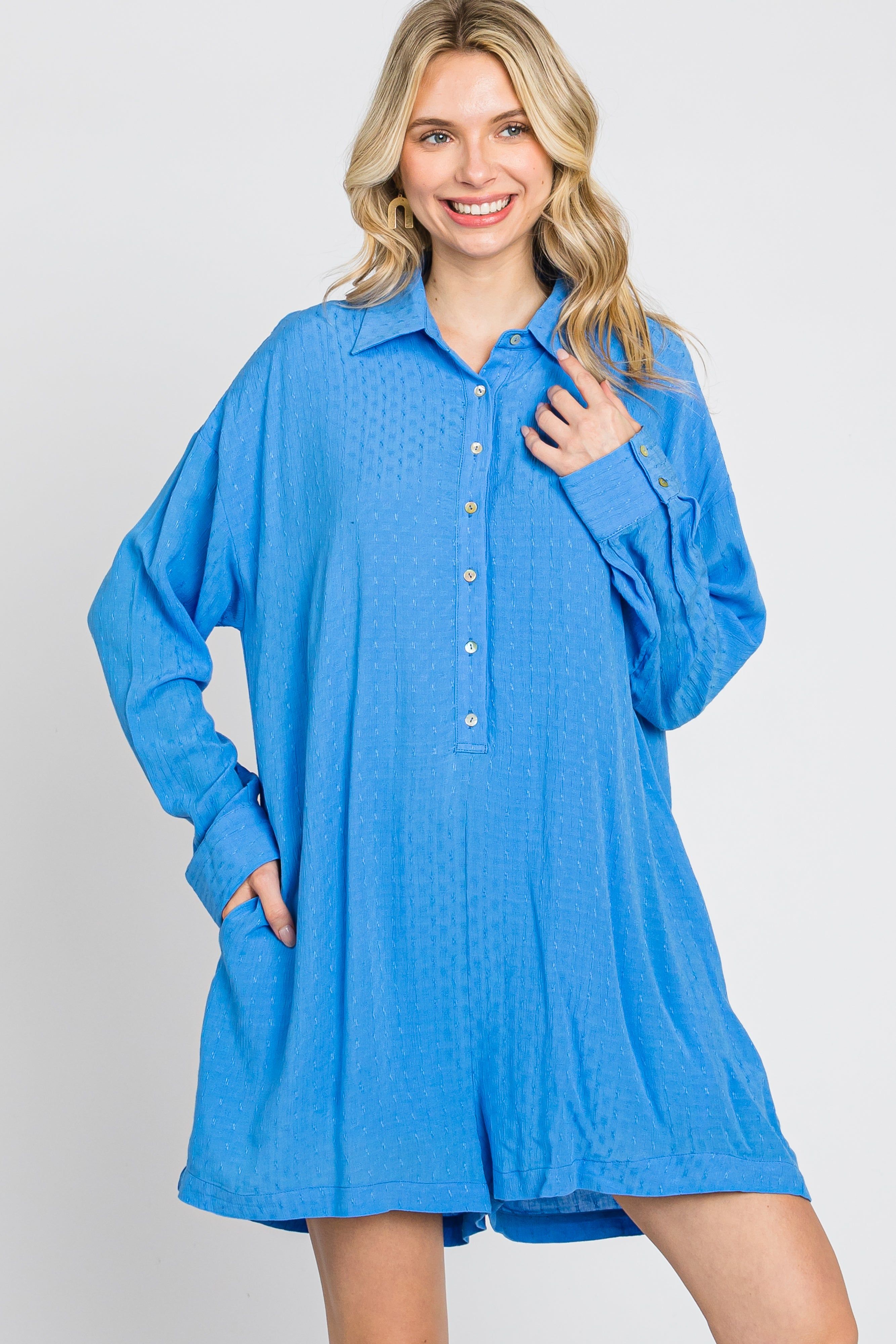 Blue Jacquard Button Down Romper sold by Pinkblush product image thumbnail 3