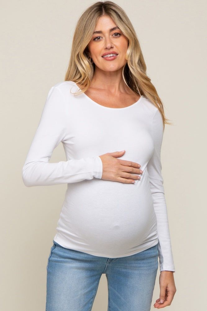 White Long Sleeve Scoop Back Maternity Top sold by Pinkblush
