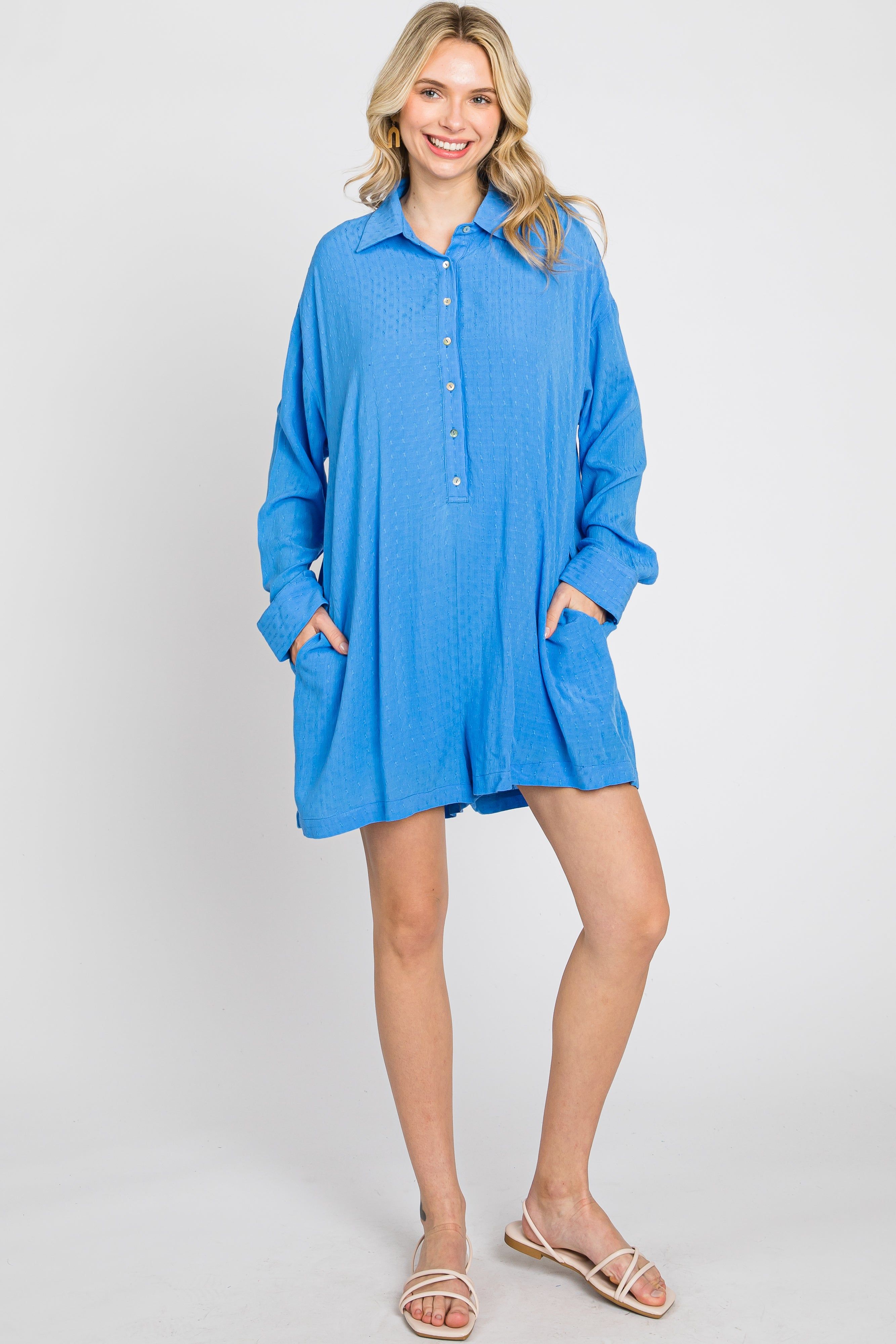 Blue Jacquard Button Down Romper sold by Pinkblush