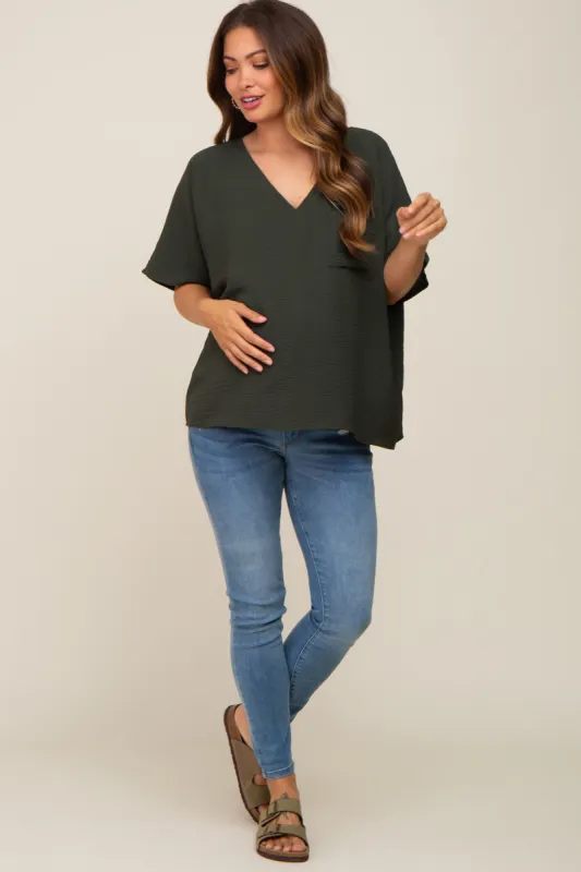 Olive Oversized V-Neck Pocket Front Maternity Blouse sold by Pinkblush