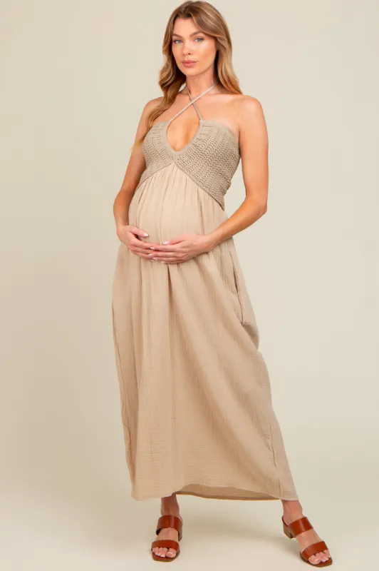 Beige Halter Crochet Top Maternity Maxi Dress sold by Pinkblush