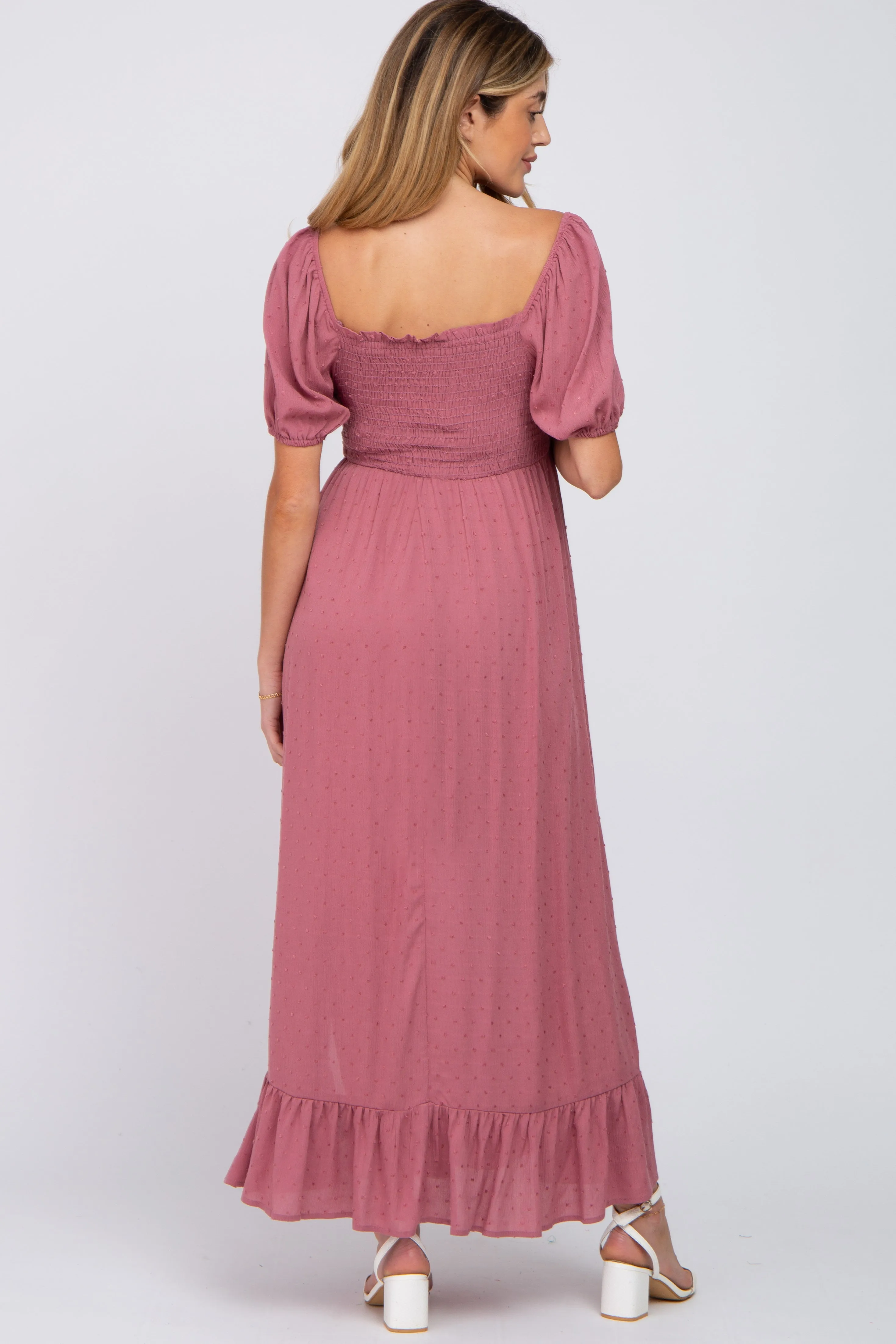 Mauve Swiss Dot Square Neck Smocked Maternity Maxi Dress sold by Pinkblush product image thumbnail 3