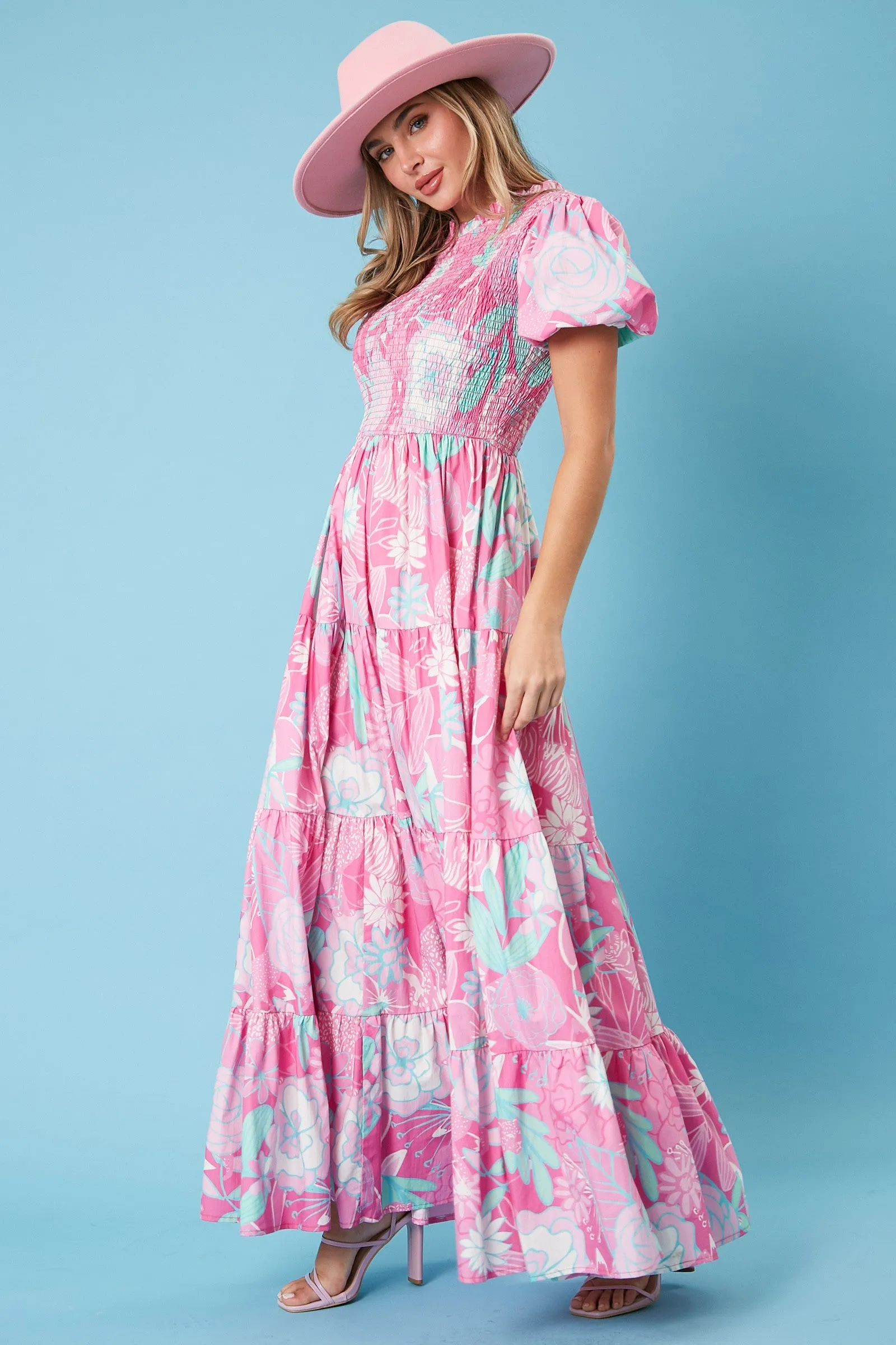 Pink Floral Smocked Short Puff Sleeve Tiered Maxi Dress sold by Pinkblush product image thumbnail 3