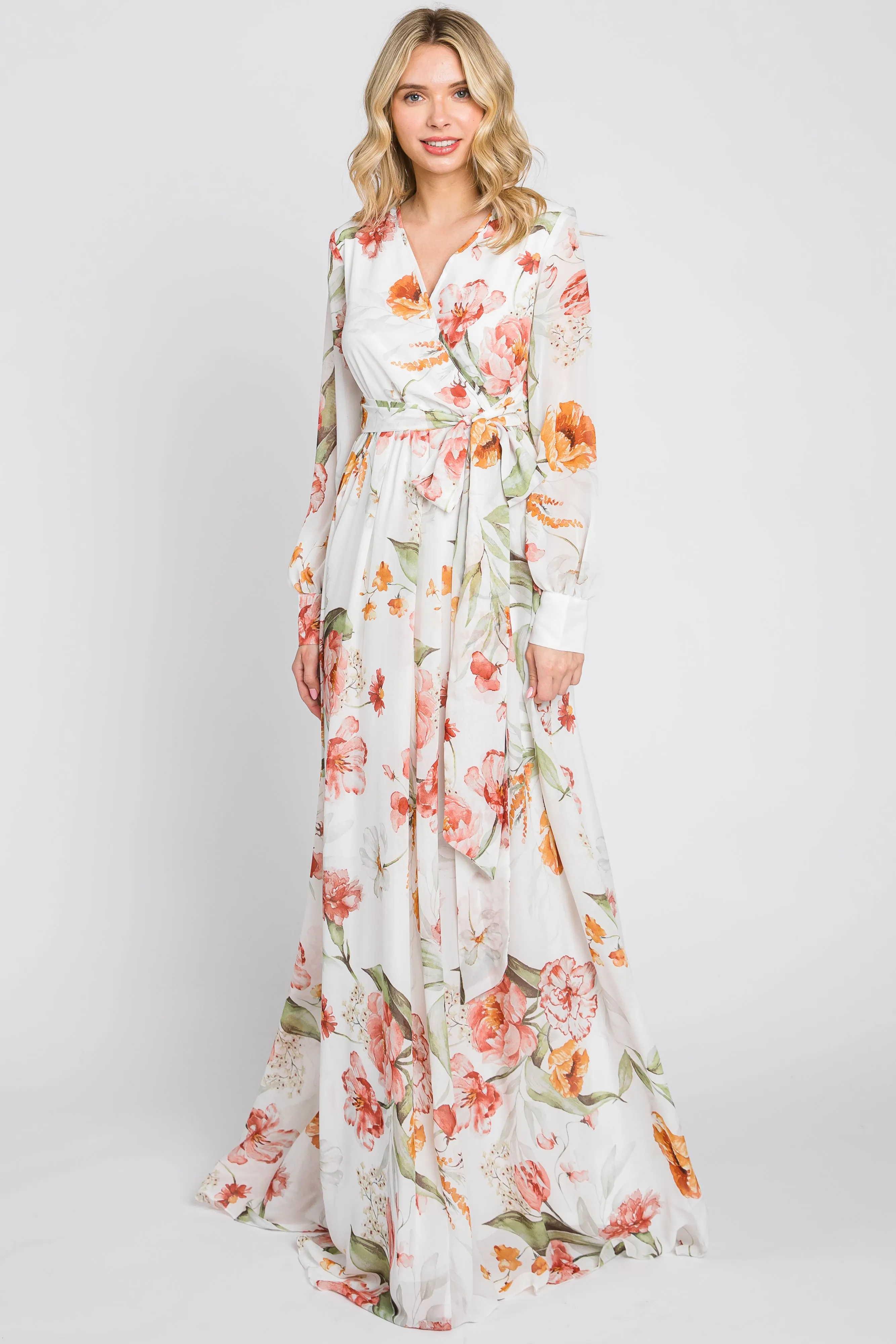 Ivory Floral Chiffon Long Sleeve Maternity Maxi Dress sold by Pinkblush product image thumbnail 5