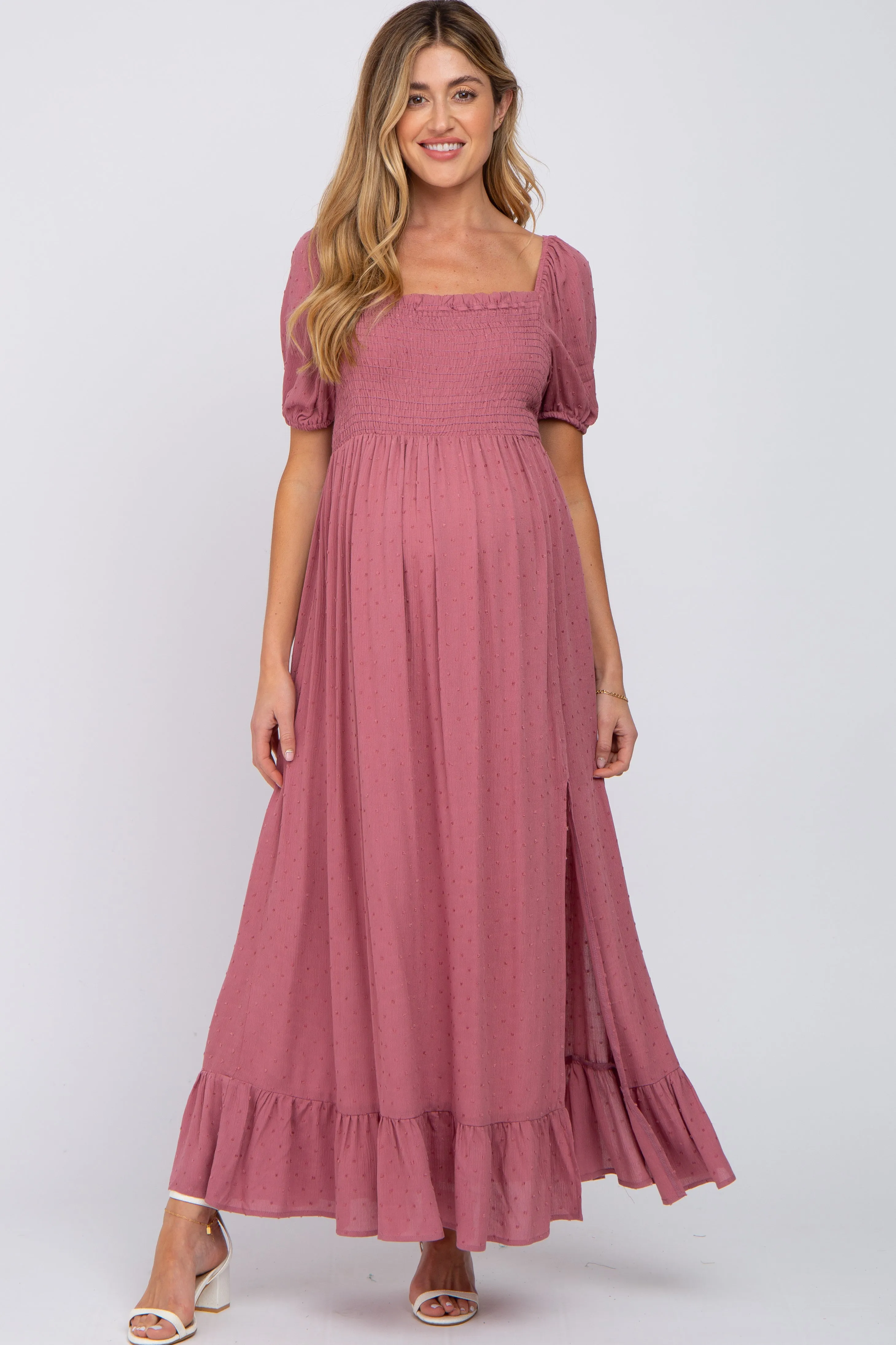 Mauve Swiss Dot Square Neck Smocked Maternity Maxi Dress sold by Pinkblush product image thumbnail 4