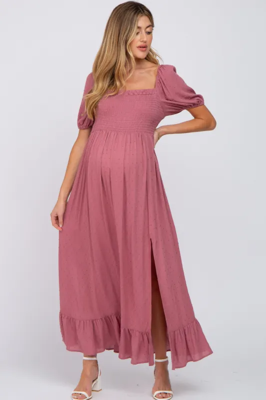 Mauve Swiss Dot Square Neck Smocked Maternity Maxi Dress sold by Pinkblush