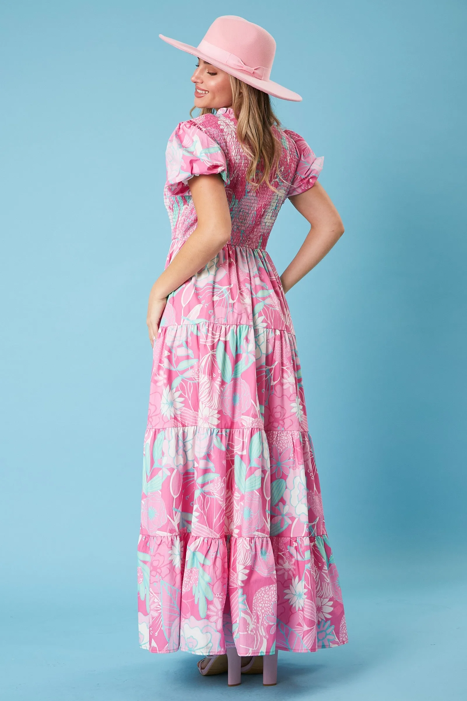 Pink Floral Smocked Short Puff Sleeve Tiered Maxi Dress sold by Pinkblush product image thumbnail 4