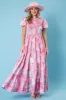 Pink Floral Smocked Short Puff Sleeve Tiered Maxi Dress sold by Pinkblush