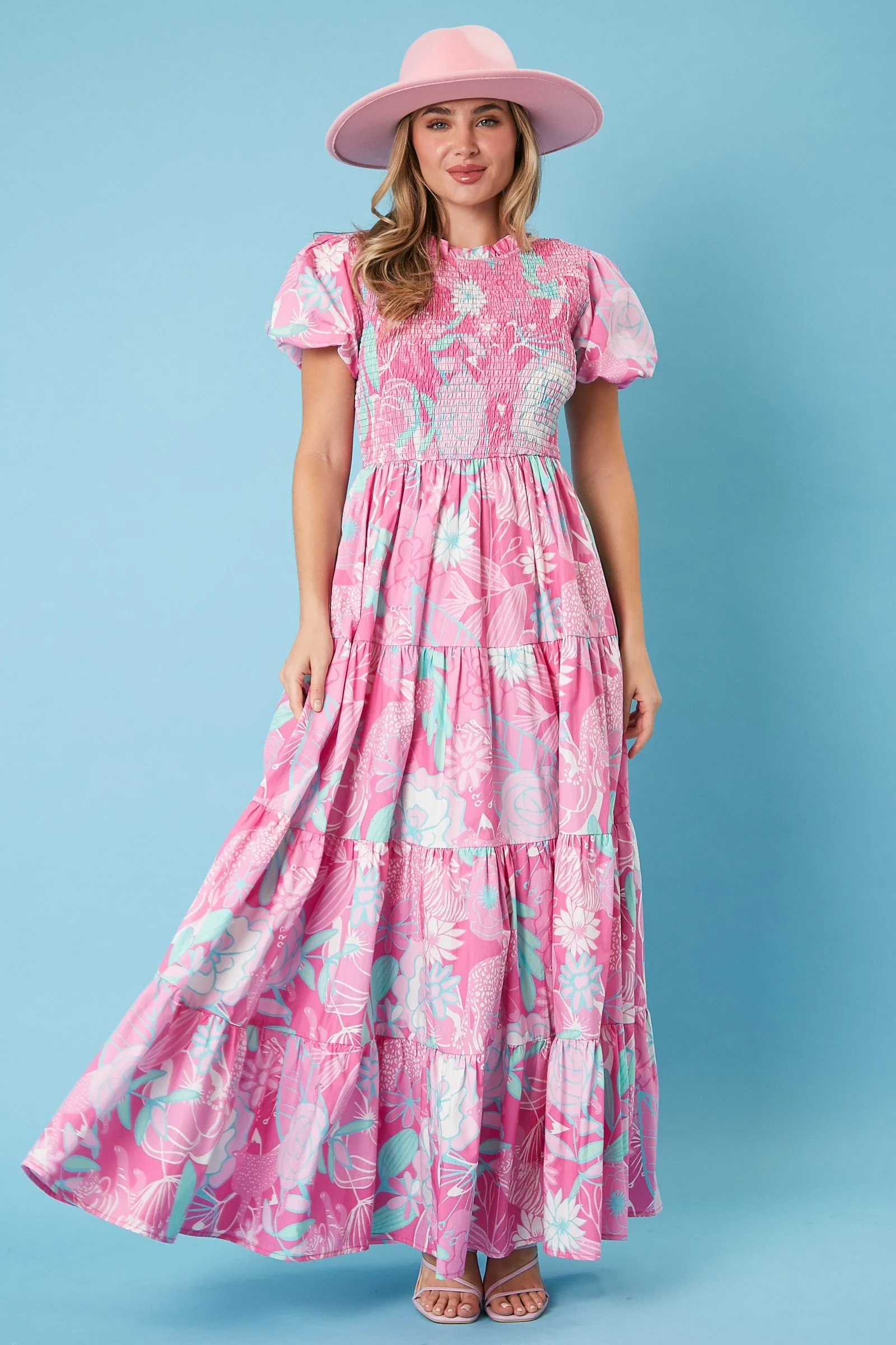 Pink Floral Smocked Short Puff Sleeve Tiered Maxi Dress sold by Pinkblush