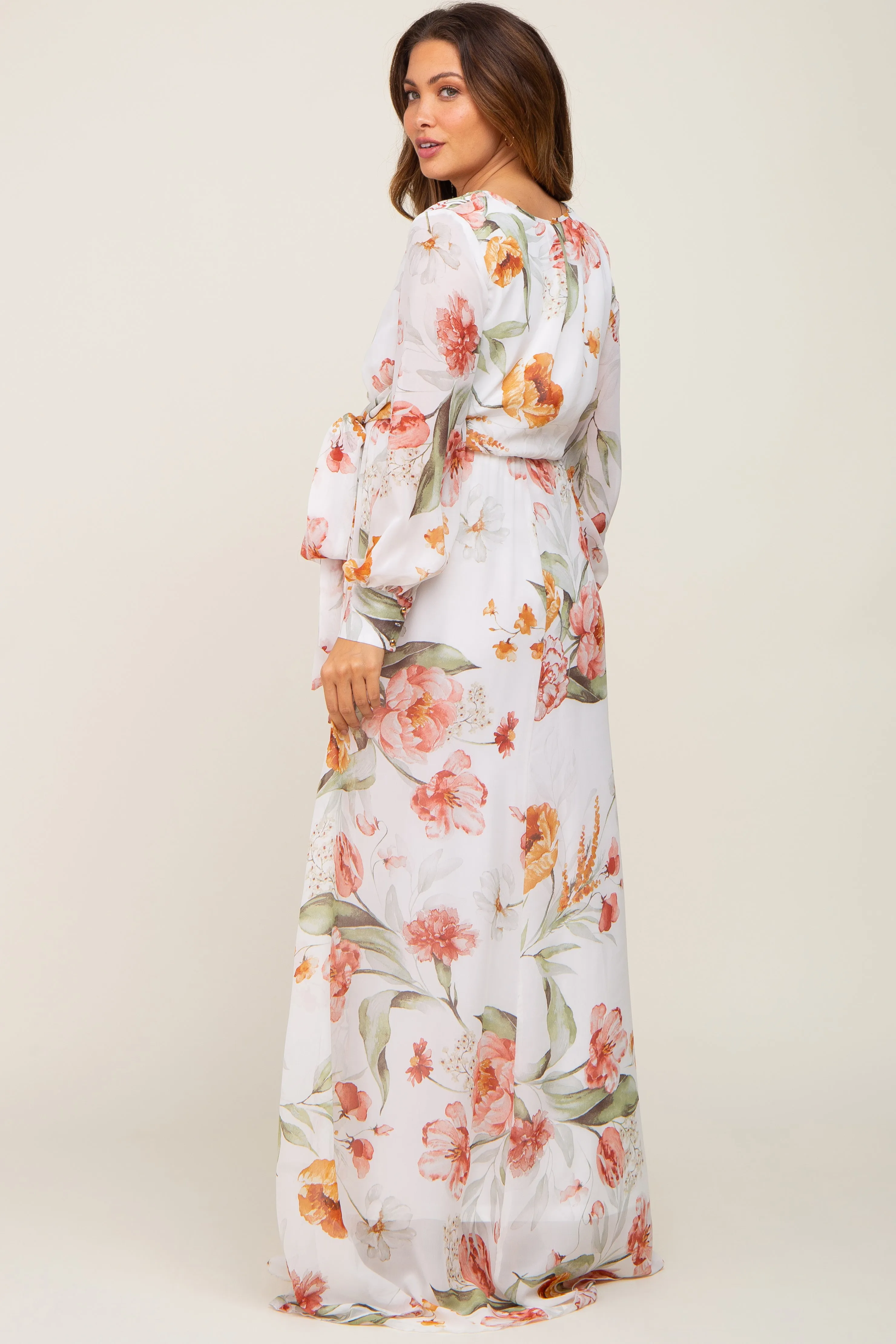 Ivory Floral Chiffon Long Sleeve Maternity Maxi Dress sold by Pinkblush product image thumbnail 3