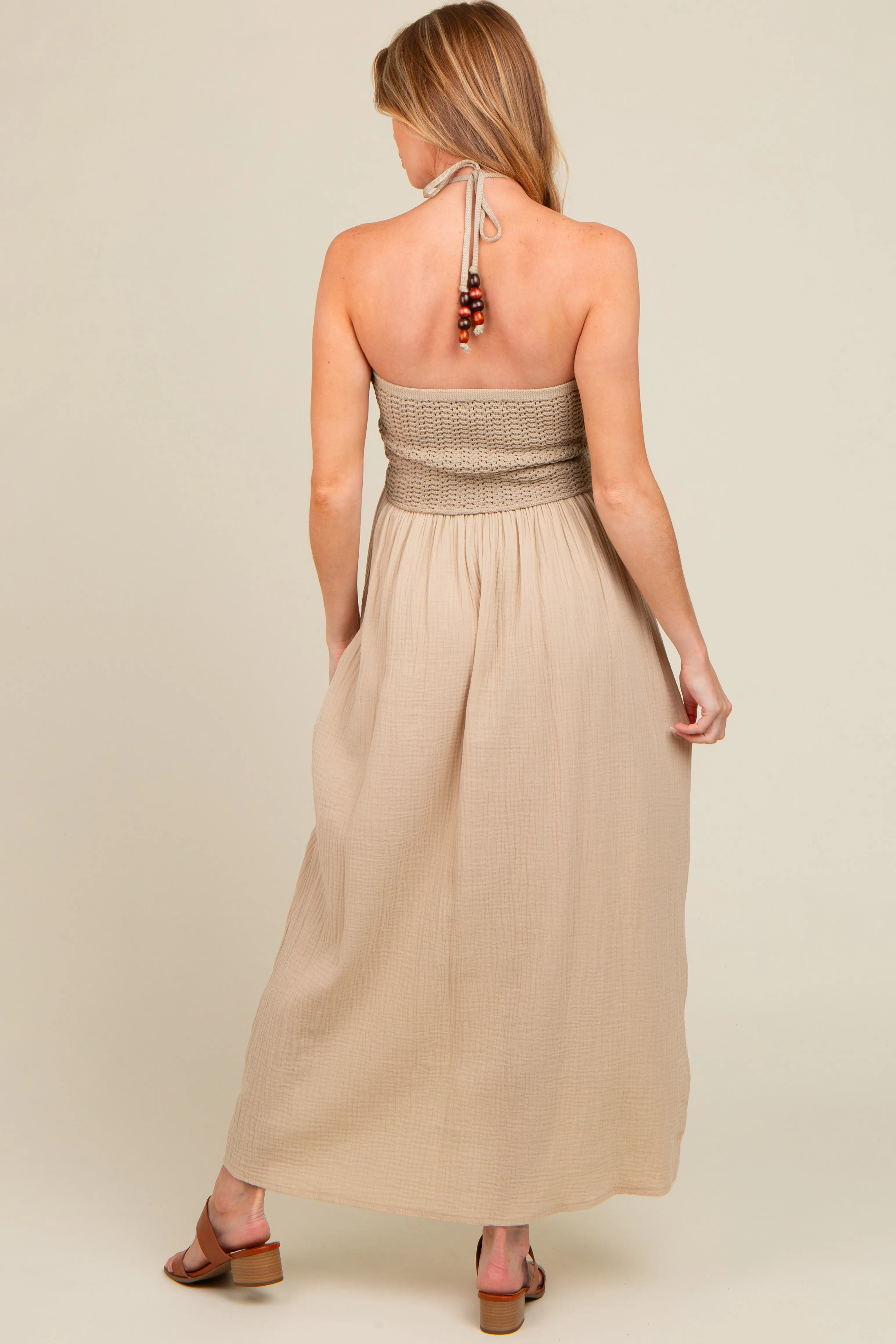 Beige Halter Crochet Top Maternity Maxi Dress sold by Pinkblush product image thumbnail 3
