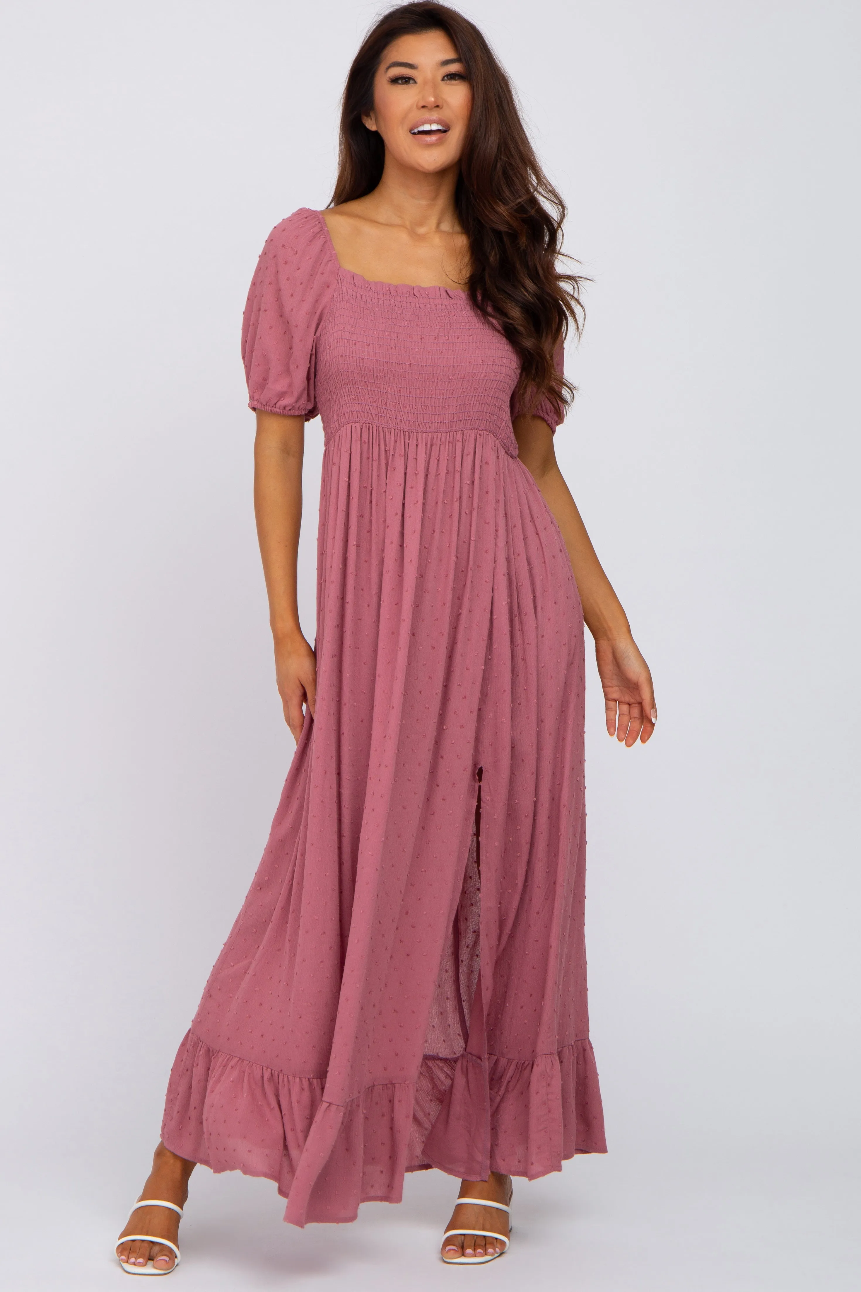 Mauve Swiss Dot Square Neck Smocked Maternity Maxi Dress sold by Pinkblush product image thumbnail 5