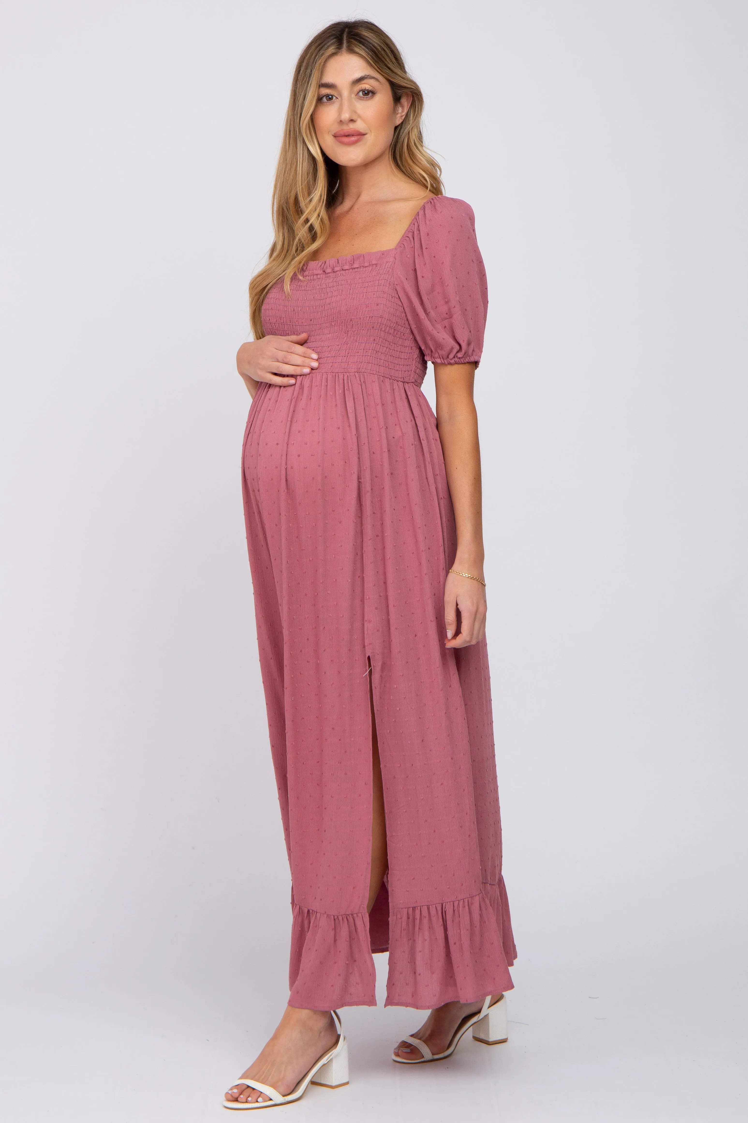 Mauve Swiss Dot Square Neck Smocked Maternity Maxi Dress sold by Pinkblush product image thumbnail 2