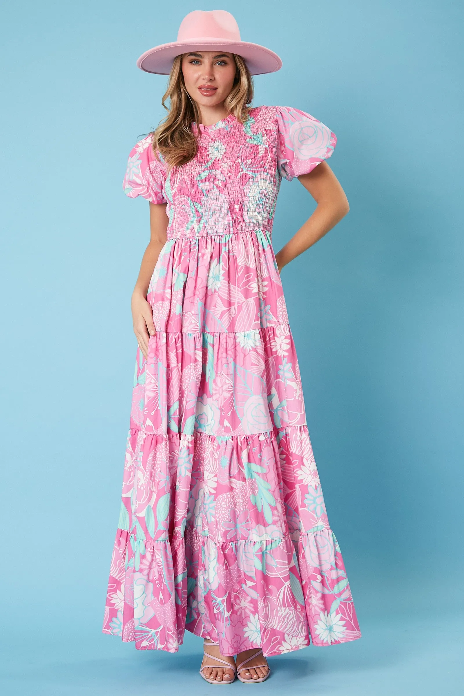 Pink Floral Smocked Short Puff Sleeve Tiered Maxi Dress sold by Pinkblush product image thumbnail 2