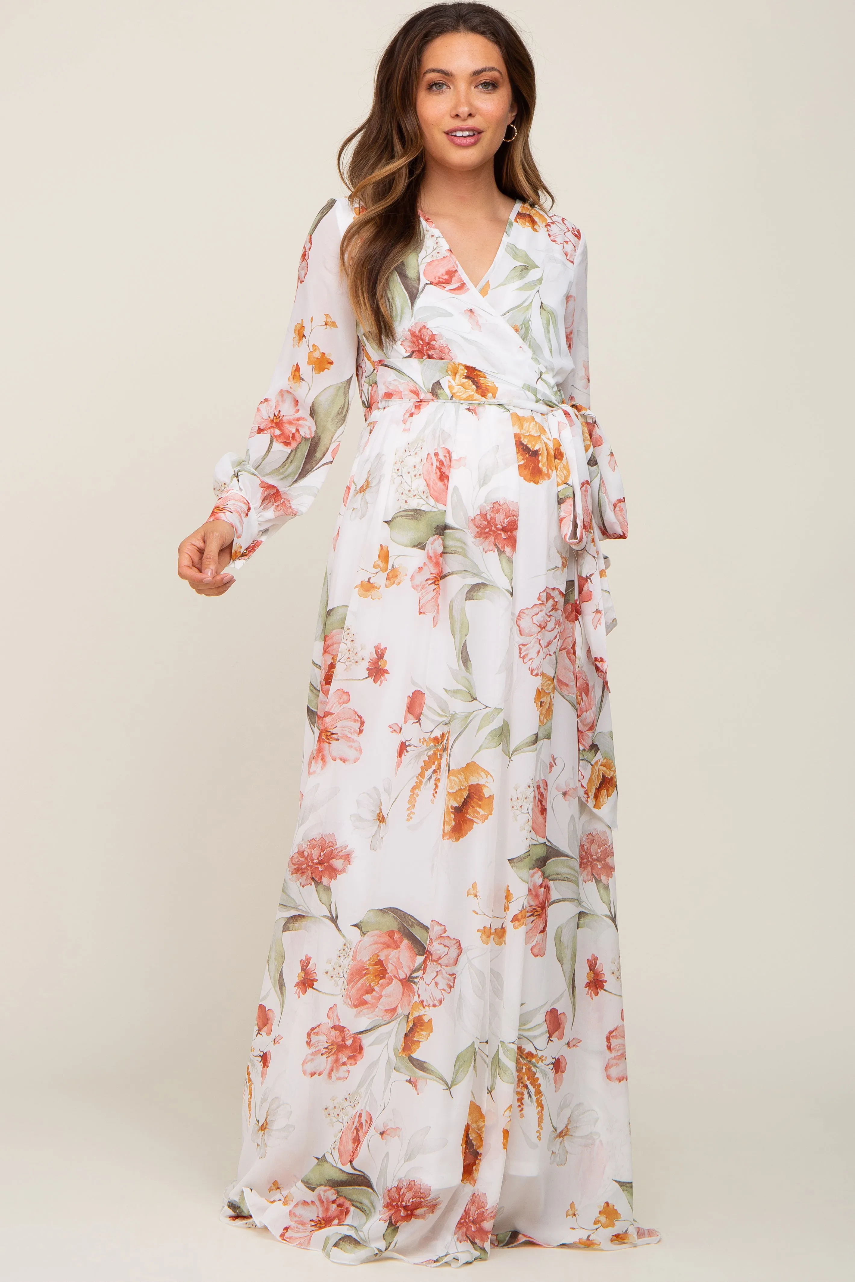 Ivory Floral Chiffon Long Sleeve Maternity Maxi Dress sold by Pinkblush product image thumbnail 4