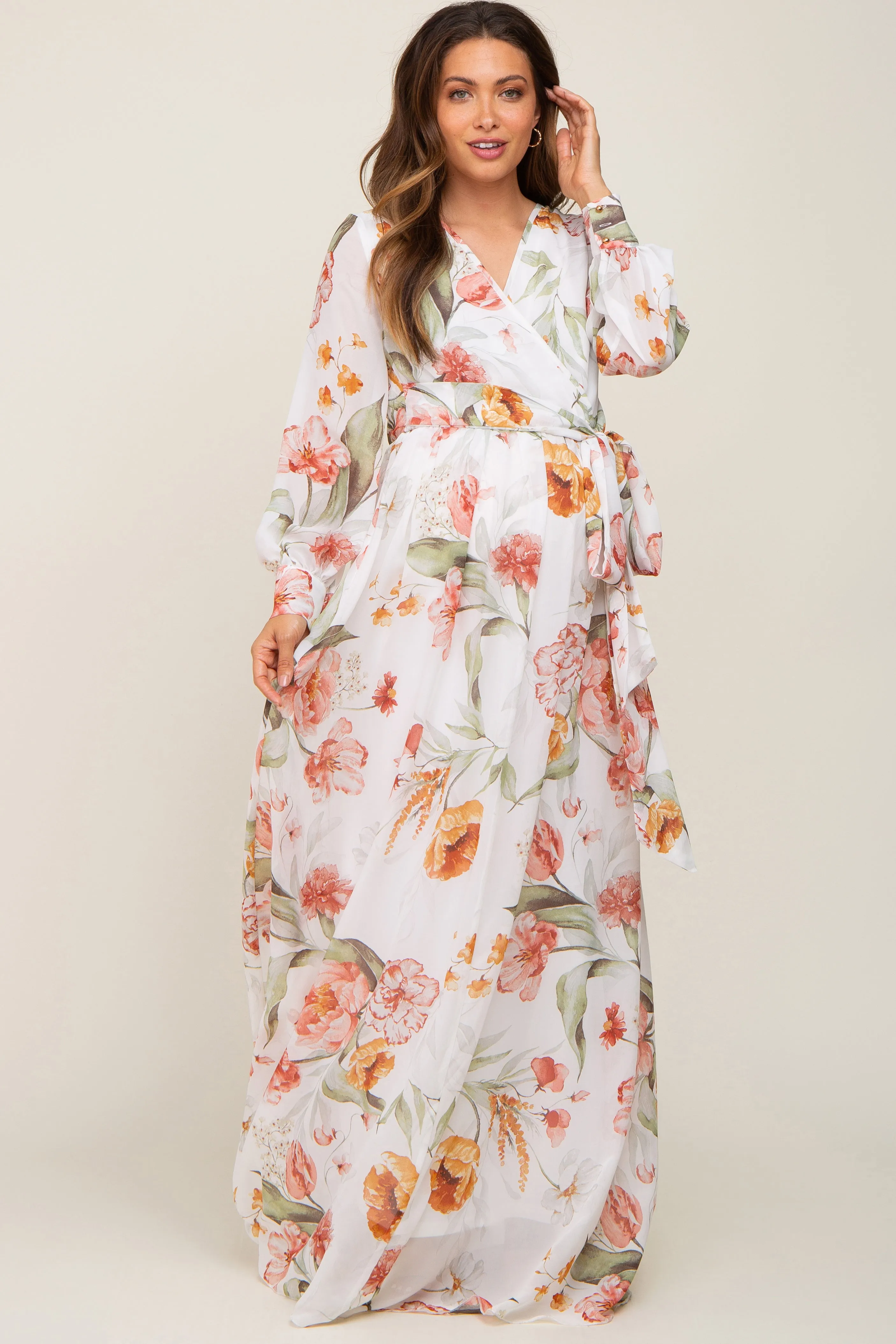 Ivory Floral Chiffon Long Sleeve Maternity Maxi Dress sold by Pinkblush