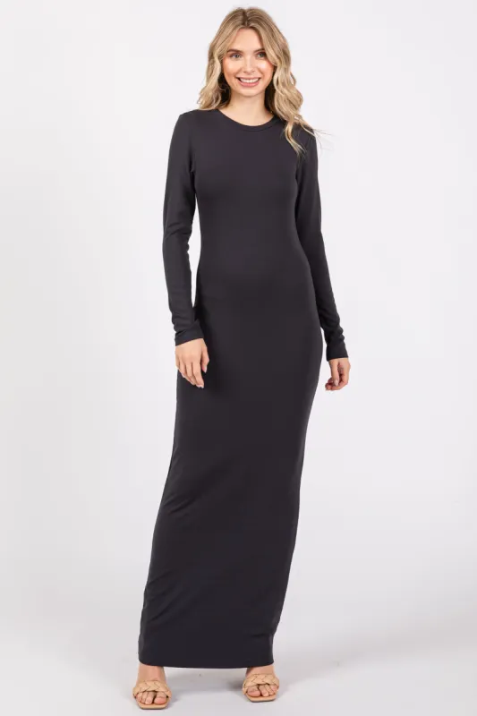 Charcoal Long Sleeve Fitted Maxi Dress sold by Pinkblush
