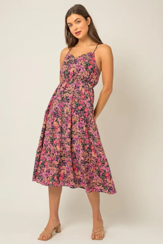 Hunter Green Floral Sleeveless Tiered Floral Print Midi Dress sold by Pinkblush