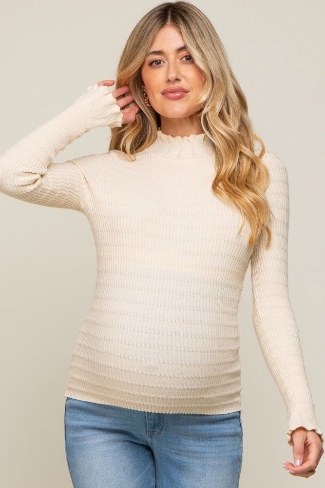 Cream Textured Knit Ruffle Mock Neck Maternity Top sold by Pinkblush