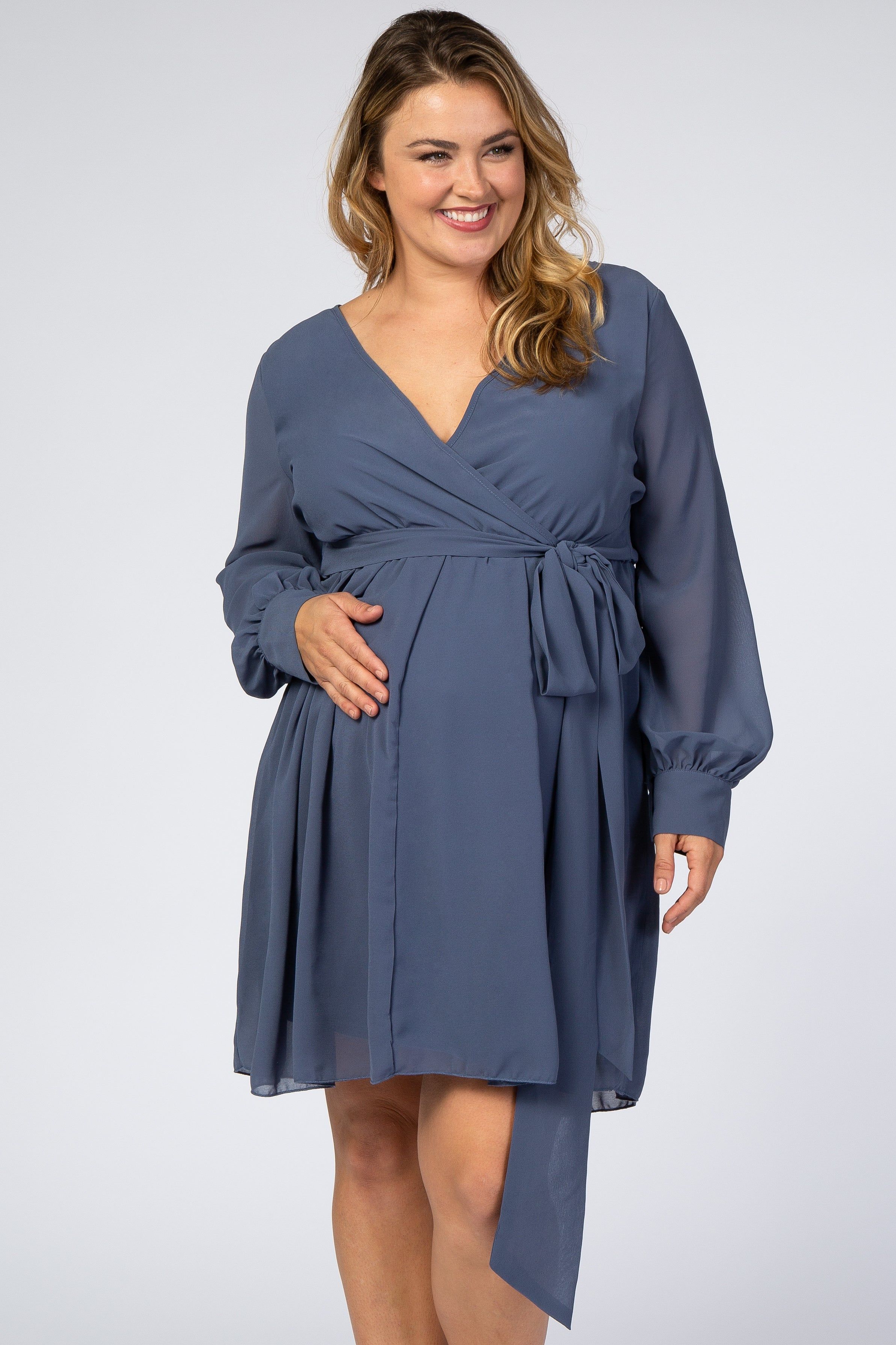 Dusty Blue Chiffon Plus Maternity Wrap Dress sold by Pinkblush product image thumbnail 2