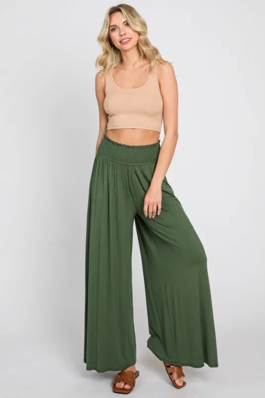 Olive Smocked Waist Flowy Pants sold by Pinkblush