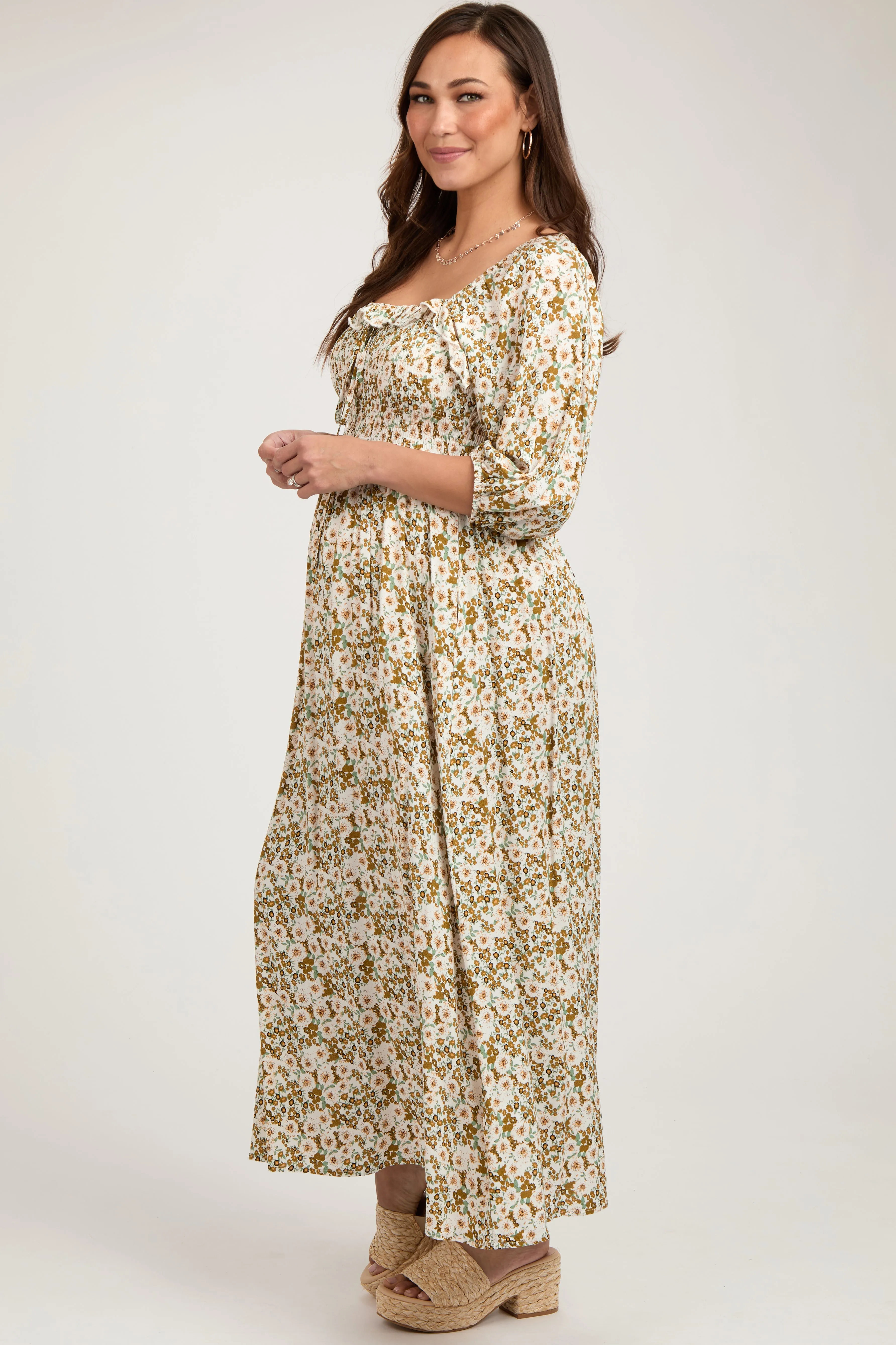 Light Olive Floral Smocked Bodice Maternity Maxi Dress sold by Pinkblush product image thumbnail 3