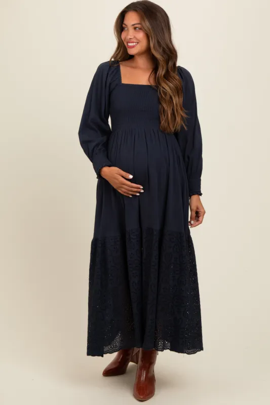 Navy Blue Smocked Eyelet Lace Hem Maternity Maxi Dress sold by Pinkblush
