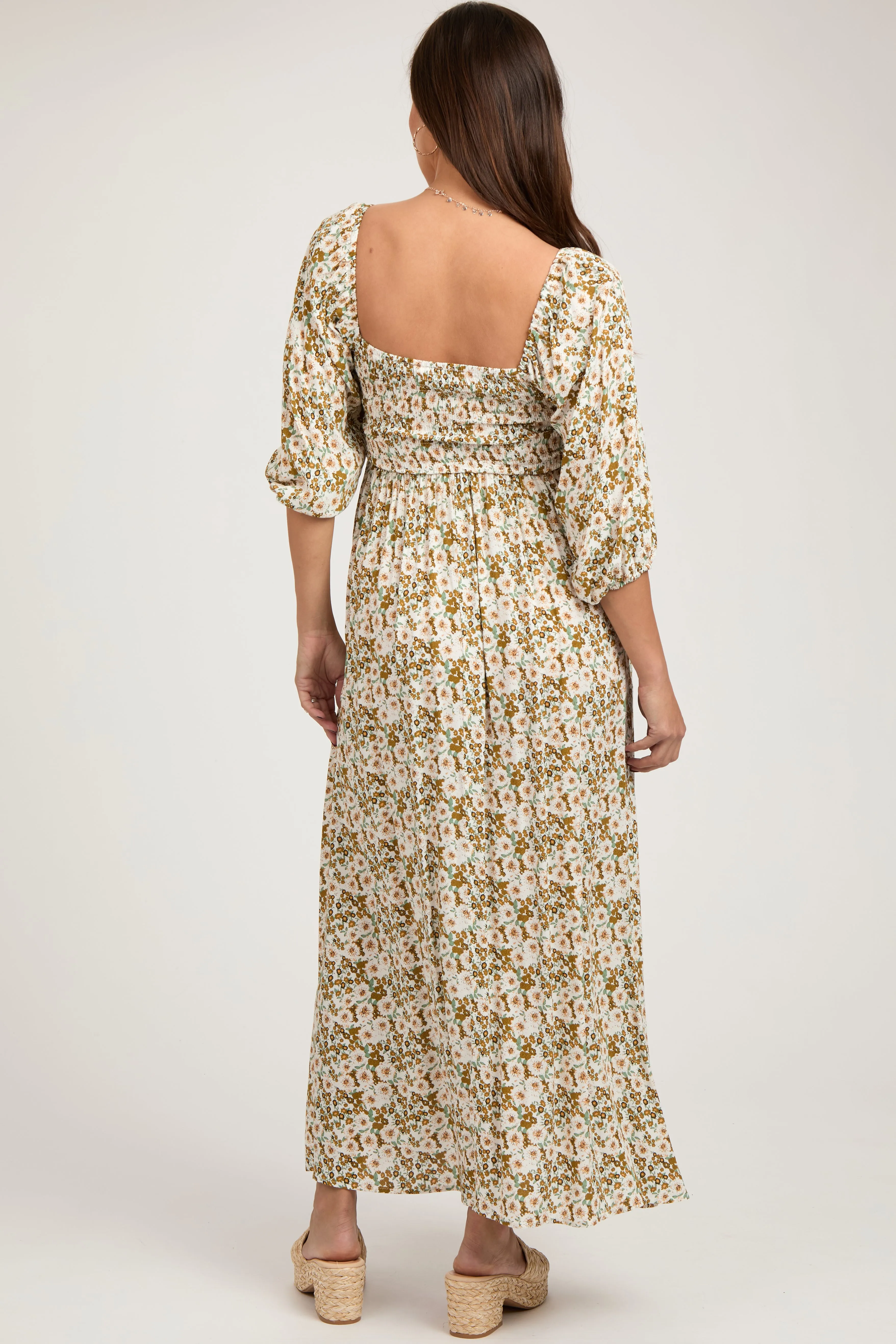 Light Olive Floral Smocked Bodice Maternity Maxi Dress sold by Pinkblush product image thumbnail 4