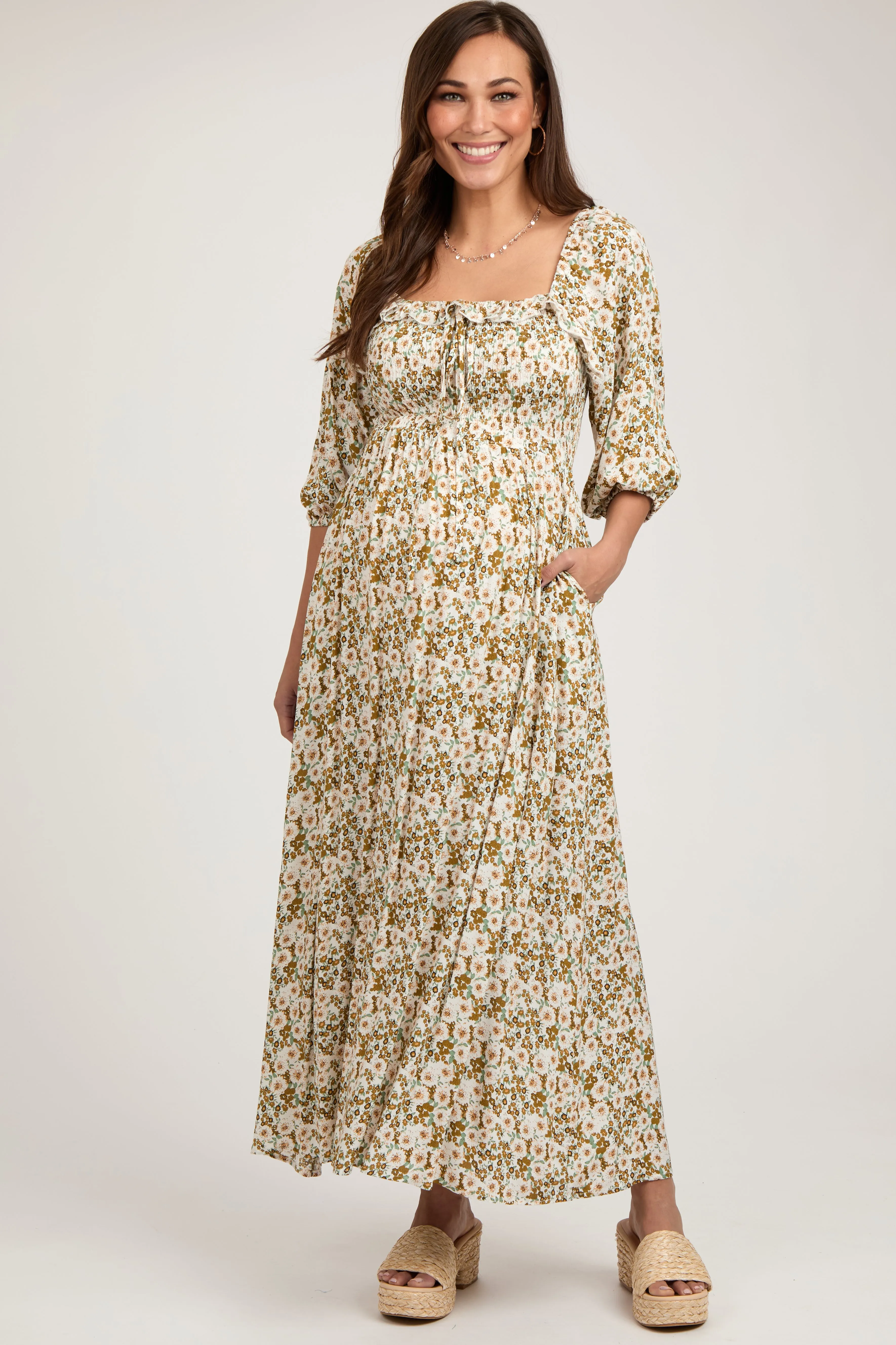 Light Olive Floral Smocked Bodice Maternity Maxi Dress sold by Pinkblush