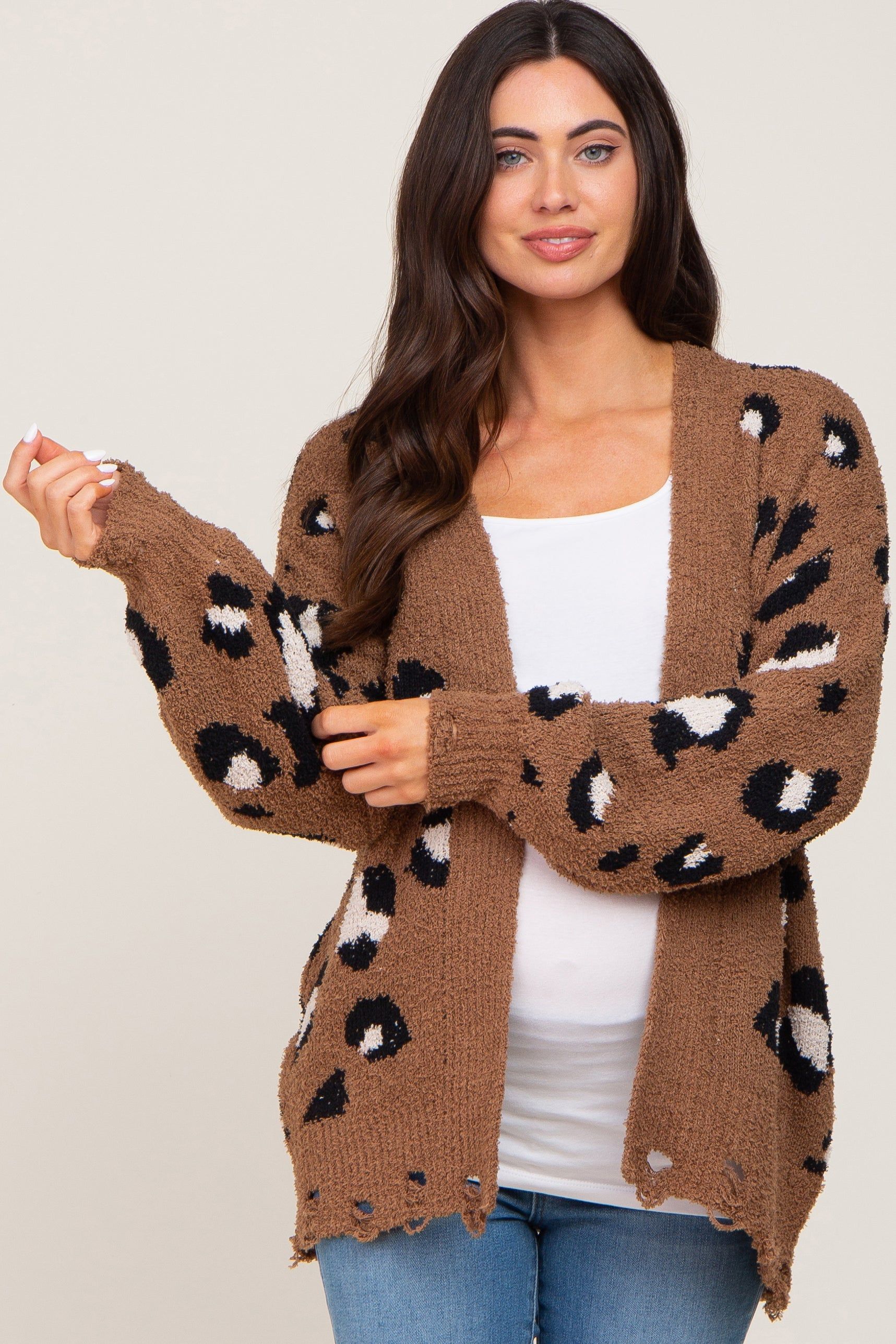 Mocha Leopard Print Knit Distressed Maternity Sweater sold by Pinkblush