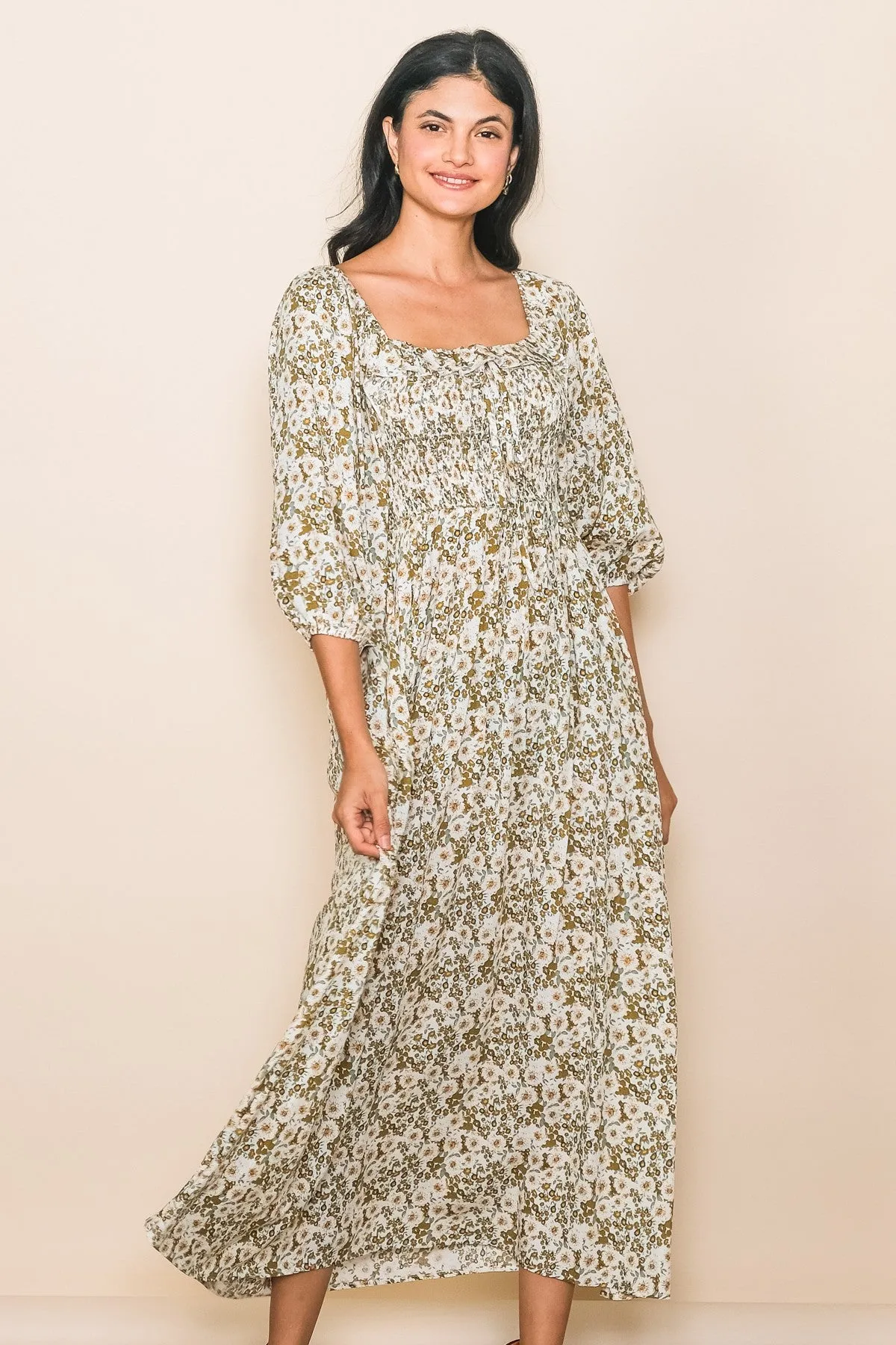 Light Olive Floral Smocked Bodice Maternity Maxi Dress sold by Pinkblush product image thumbnail 5