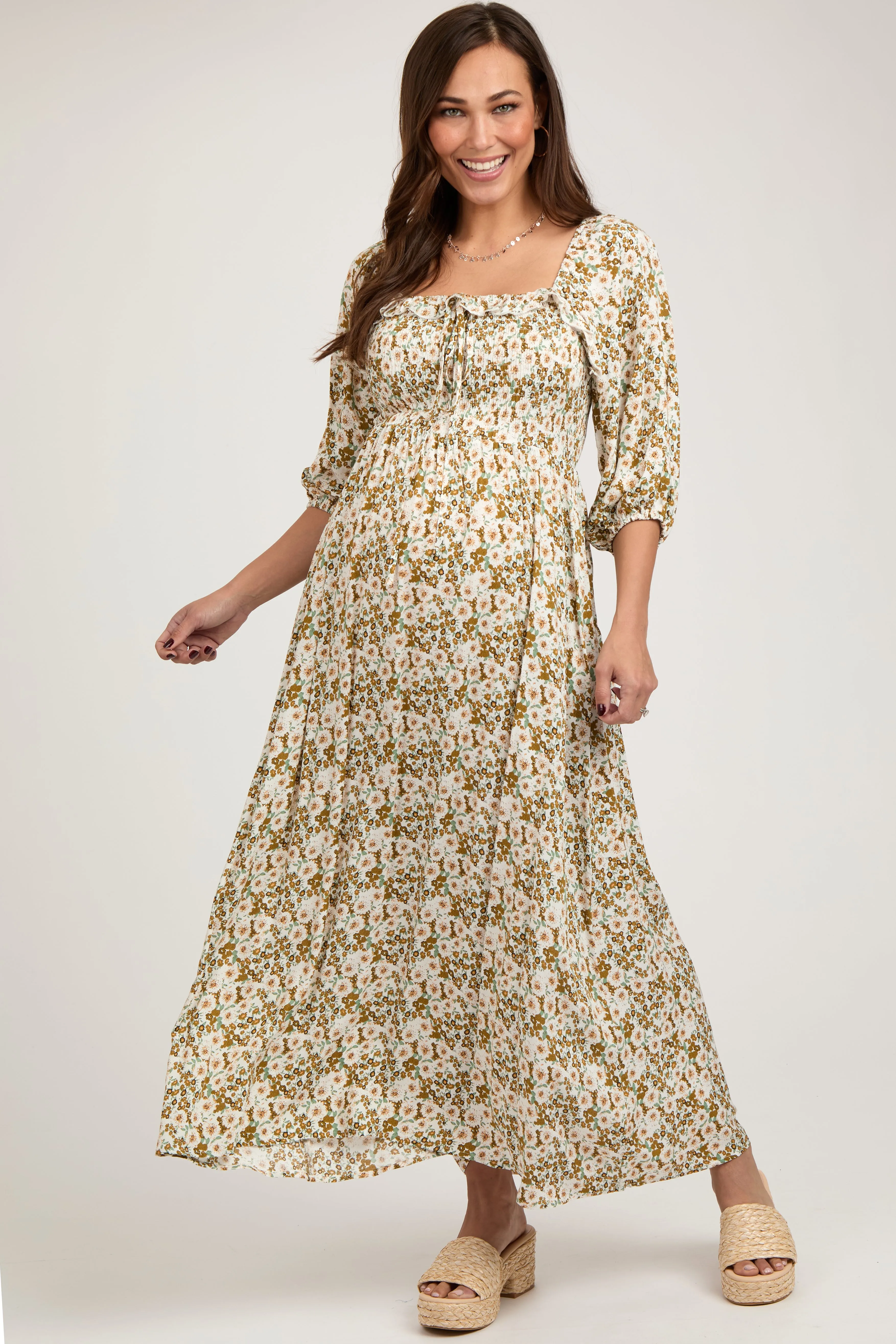 Light Olive Floral Smocked Bodice Maternity Maxi Dress sold by Pinkblush product image thumbnail 2