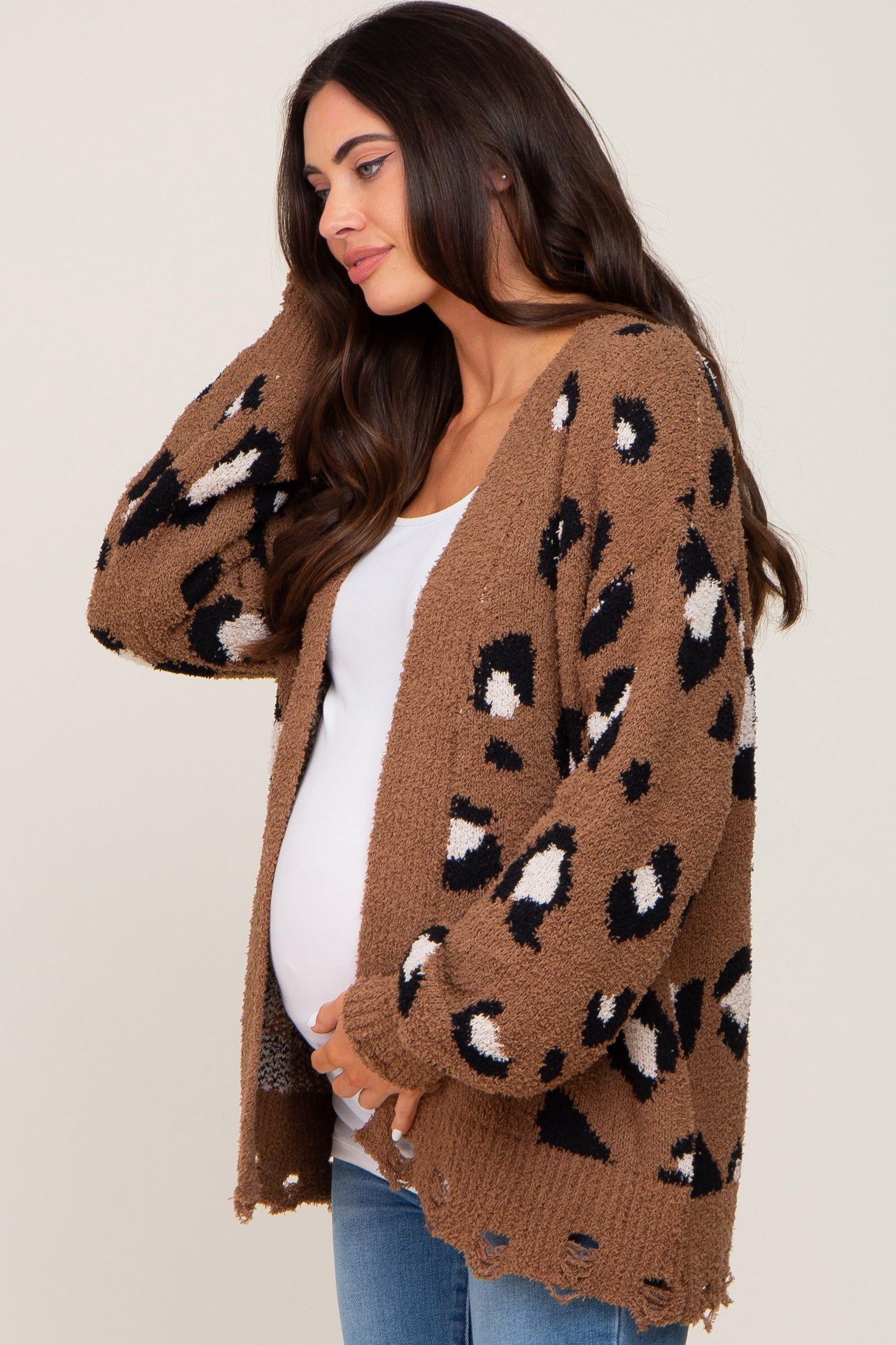 Mocha Leopard Print Knit Distressed Maternity Sweater sold by Pinkblush product image thumbnail 2