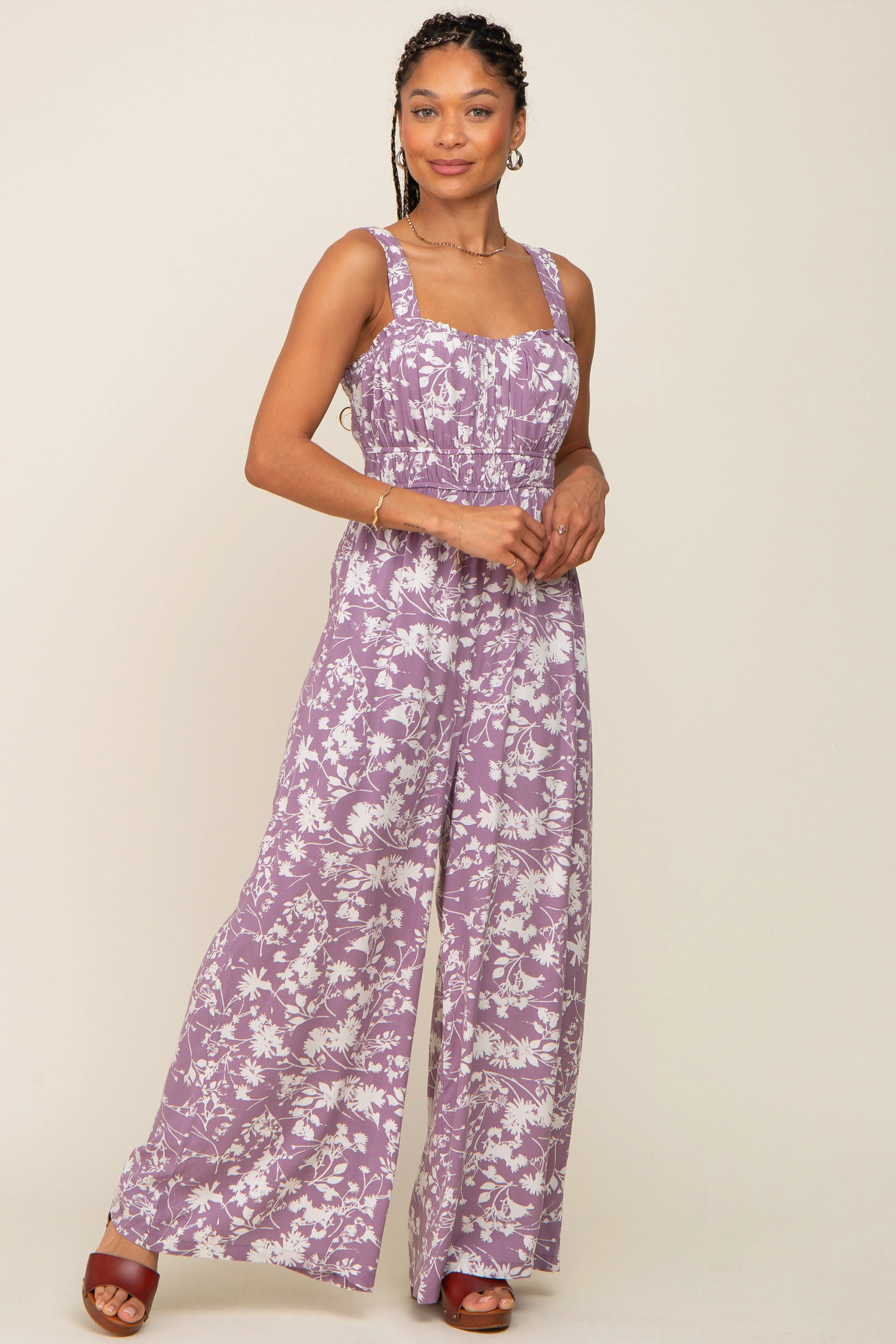 Lavender Floral Sweetheart Neck Jumpsuit sold by Pinkblush