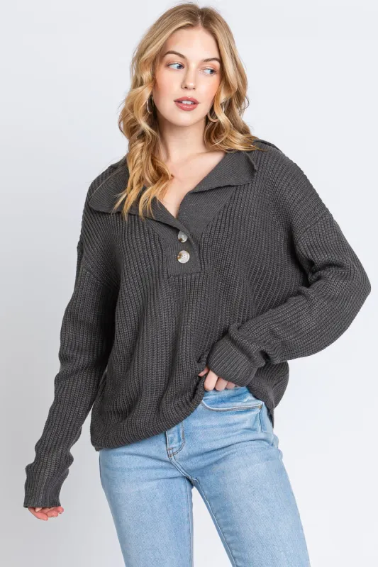 Charcoal Chunky Knit Front Button Sweater sold by Pinkblush